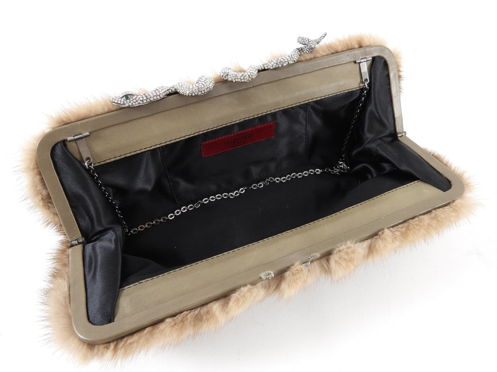 Valentino Brown Natural Mink Fur Clutch Bag with Jewelled Snake