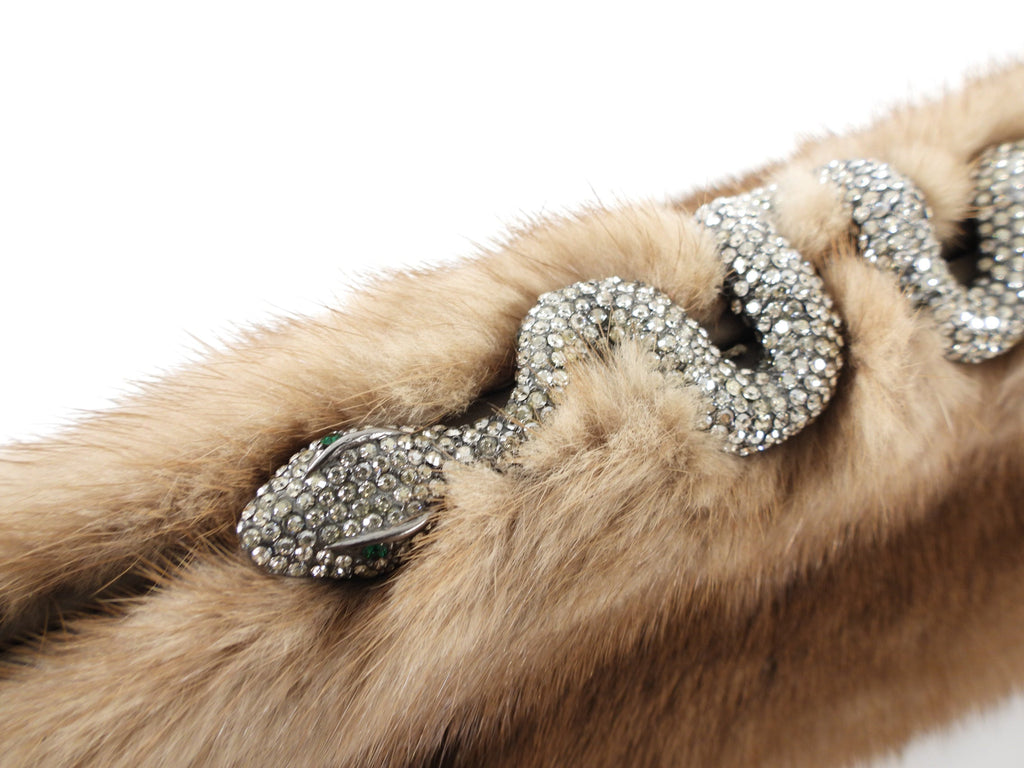 Valentino Brown Natural Mink Fur Clutch Bag with Jewelled Snake