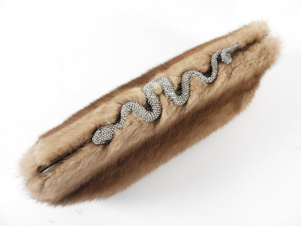 Valentino Brown Natural Mink Fur Clutch Bag with Jewelled Snake