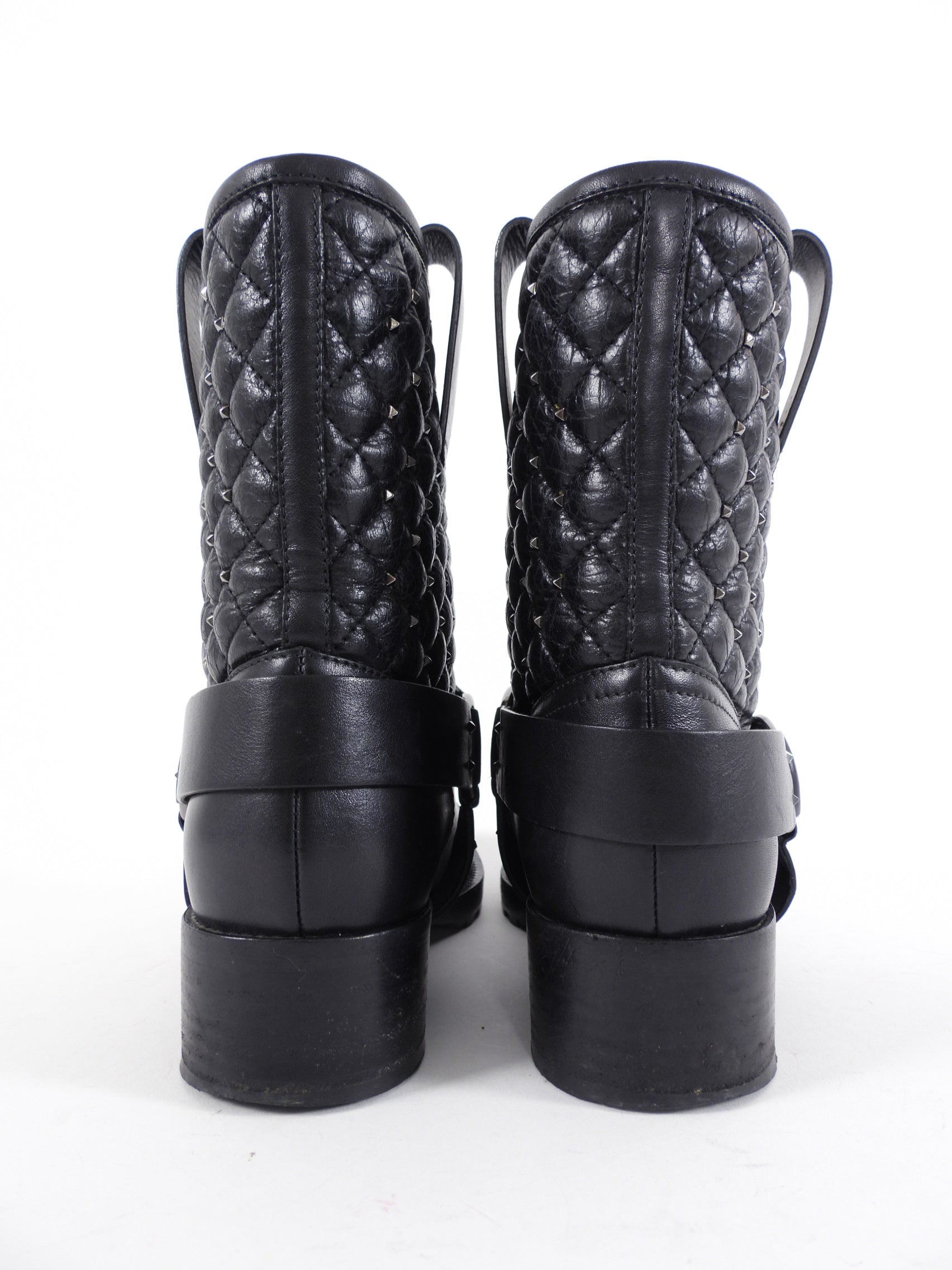 Valentino Black Leather Quilted Stud Moto Ring Boots - 36