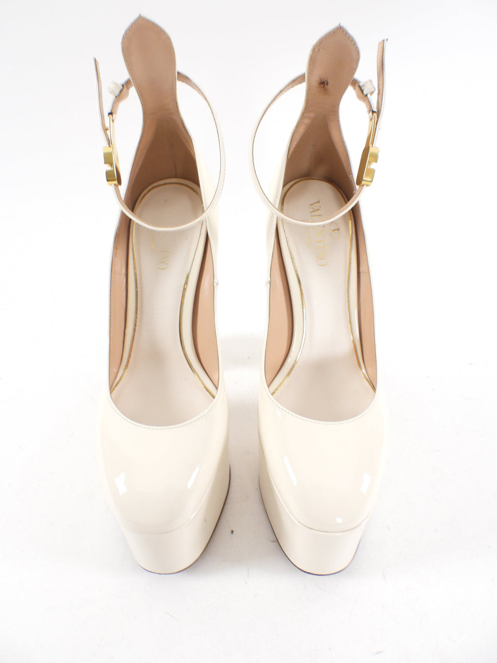 Valentino Ivory Patent Leather Tan Go Platform Ankle Strap Pumps - 35.5
