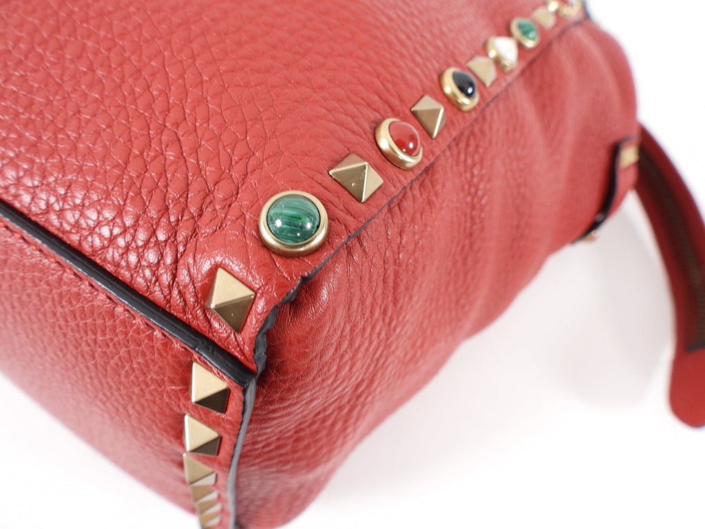 Valentino Red Leather Rockstud Rolling Trapeze Tote Bag