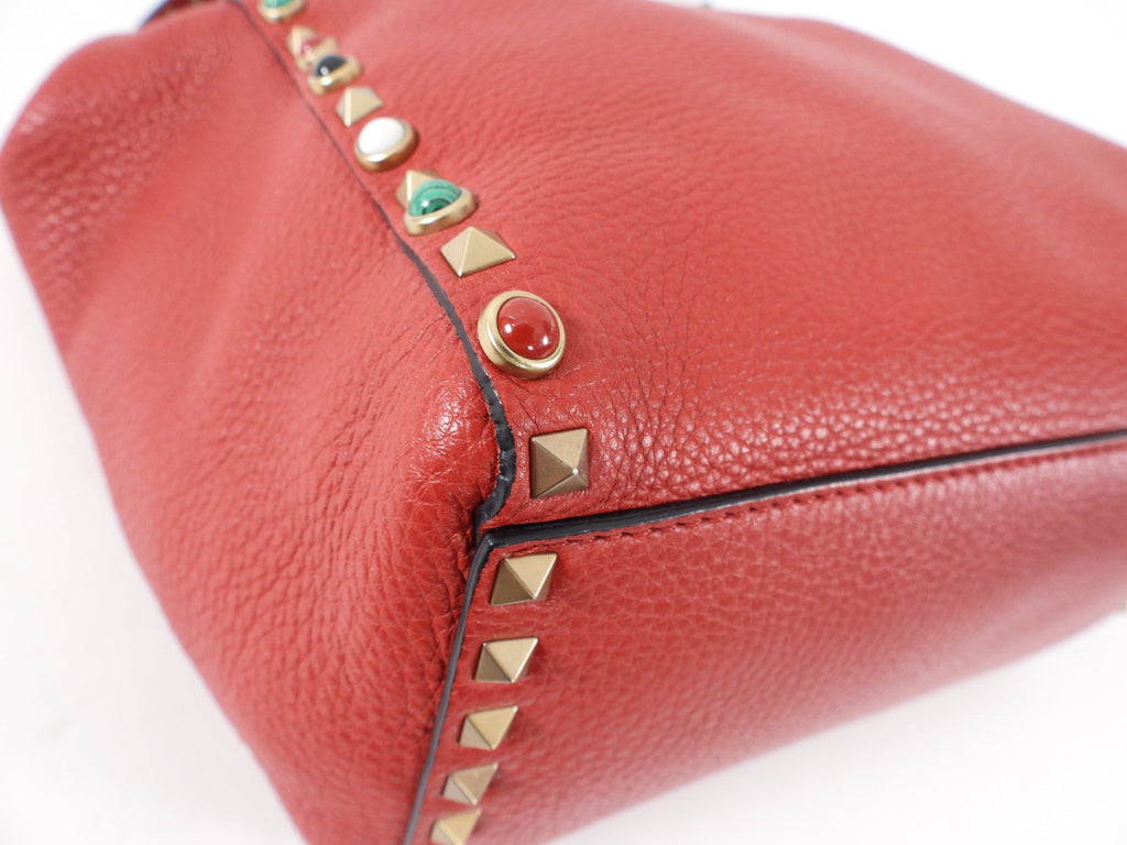 Valentino Red Leather Rockstud Rolling Trapeze Tote Bag