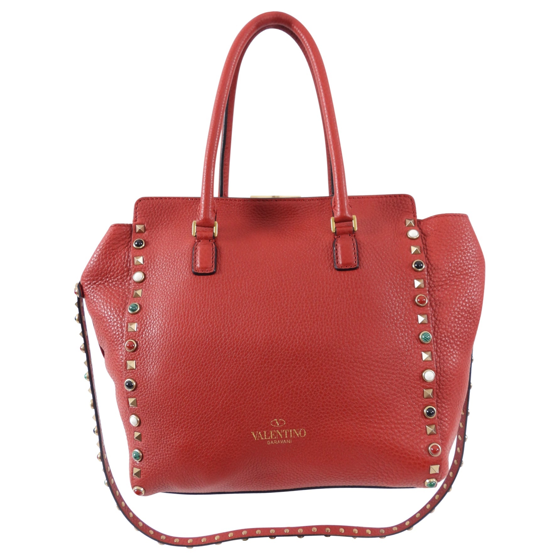 Valentino Red Leather Rockstud Rolling Trapeze Tote Bag