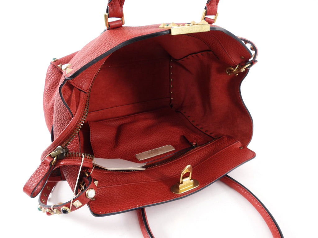 Valentino Red Leather Rockstud Rolling Trapeze Tote Bag