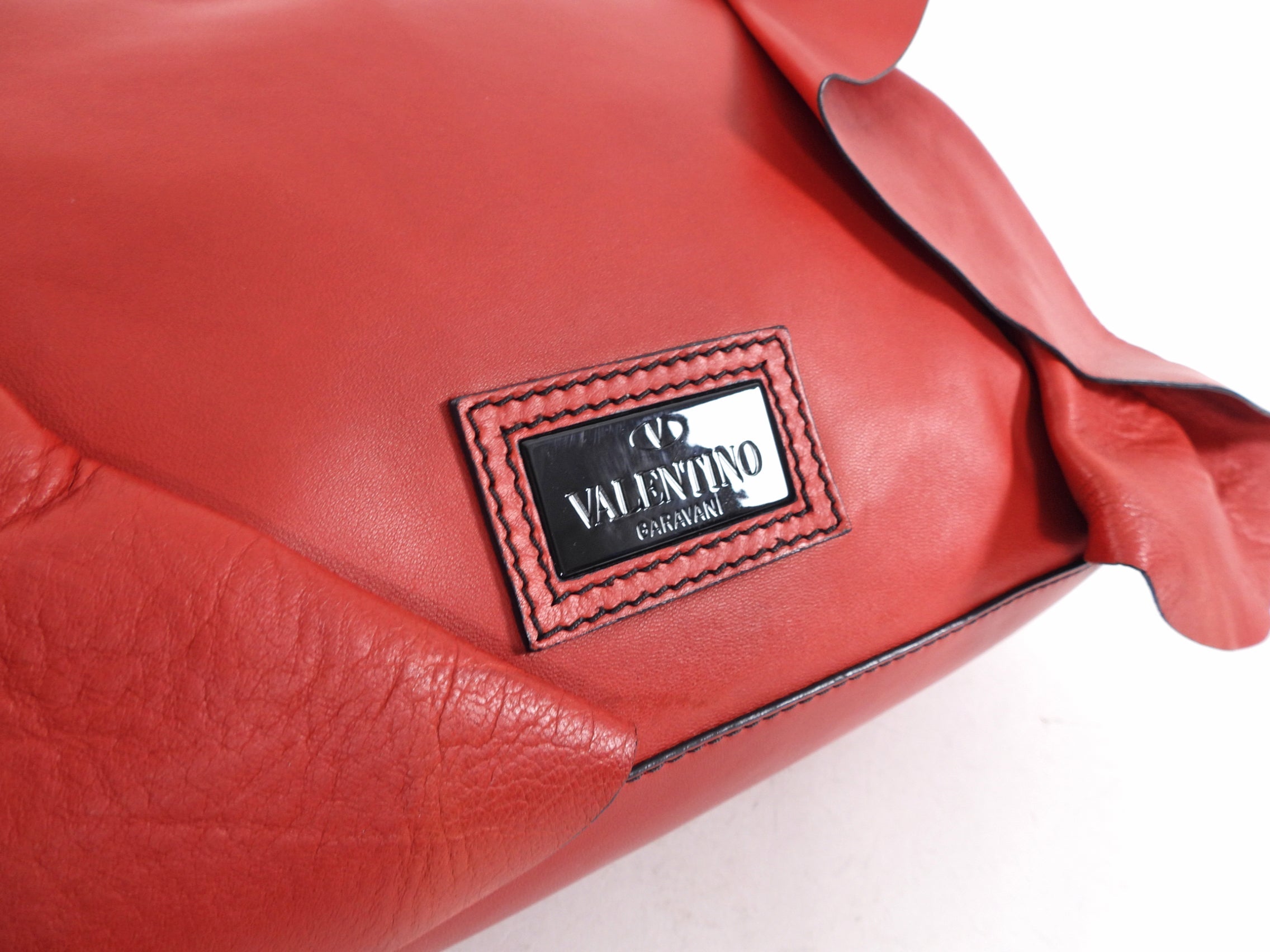 Valentino Red Leather Ruffle Hobo Bag