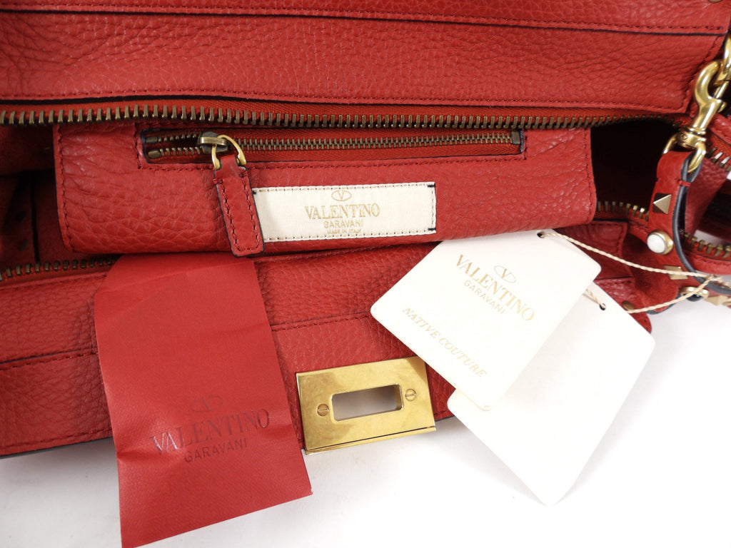 Valentino Red Leather Rockstud Rolling Trapeze Tote Bag
