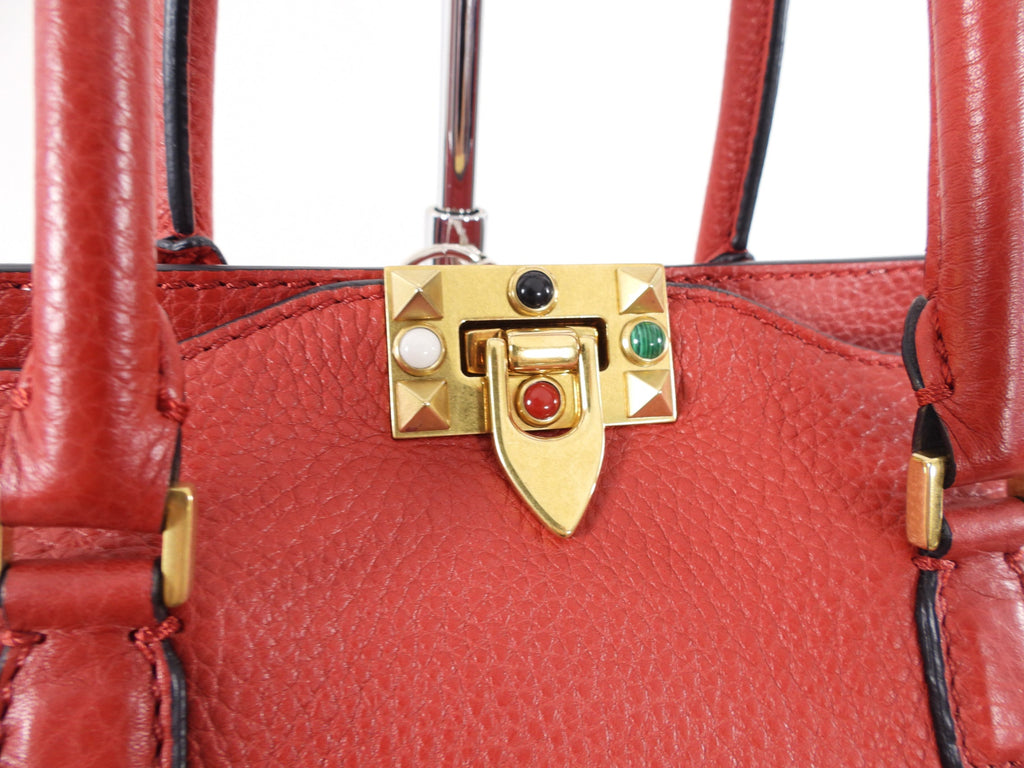 Valentino Red Leather Rockstud Rolling Trapeze Tote Bag
