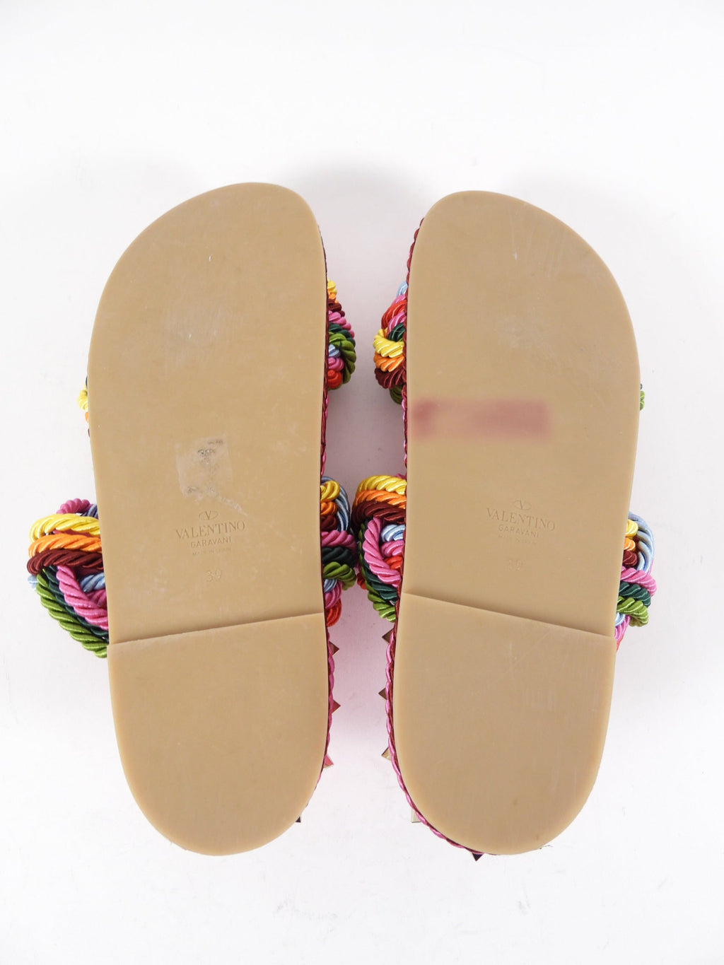Valentino Garavani Pink Rockstud Rainbow Braided Rope Flat Sandal - 39