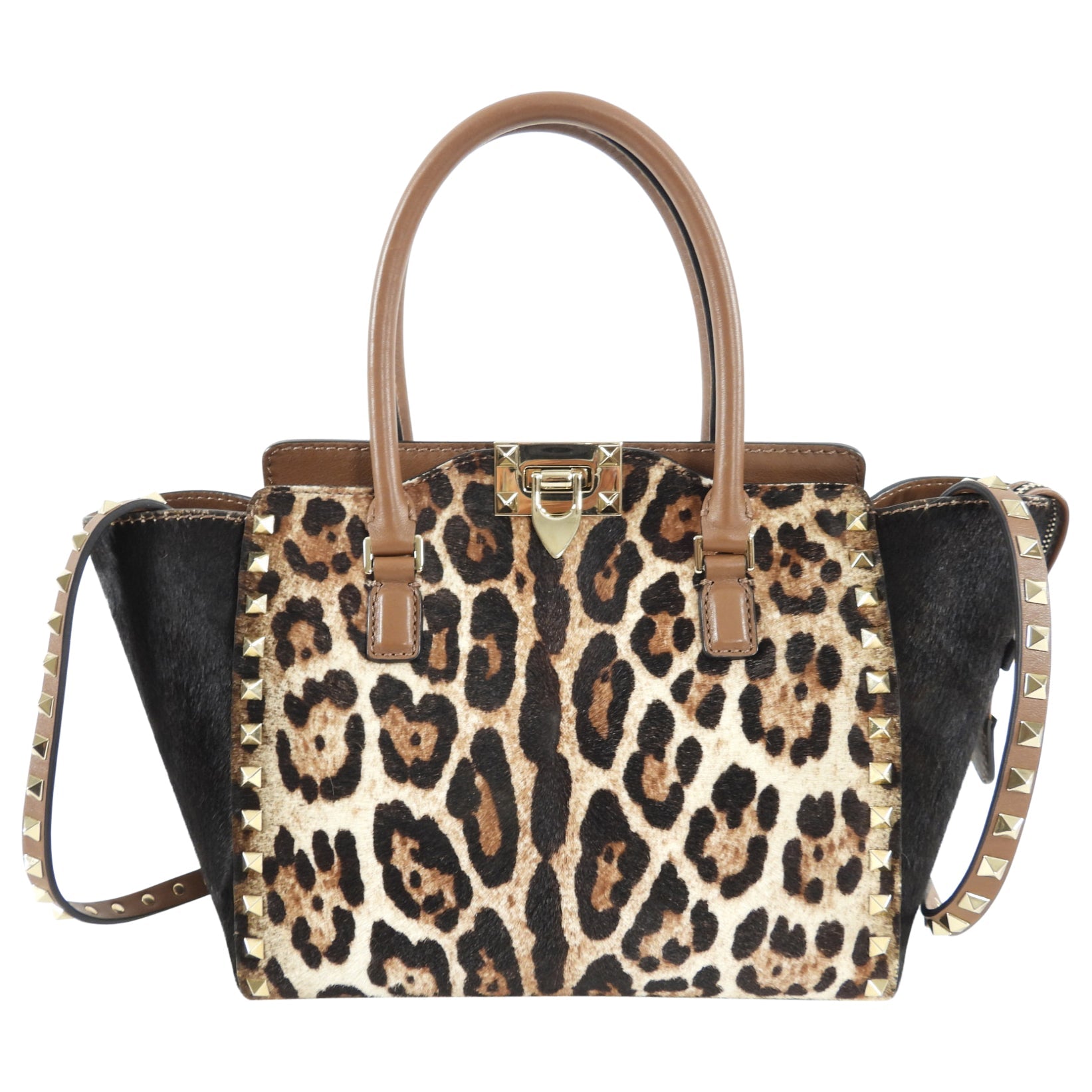 Valentino Leopard Calf Hair Small Rock Stud Trapeze Bag