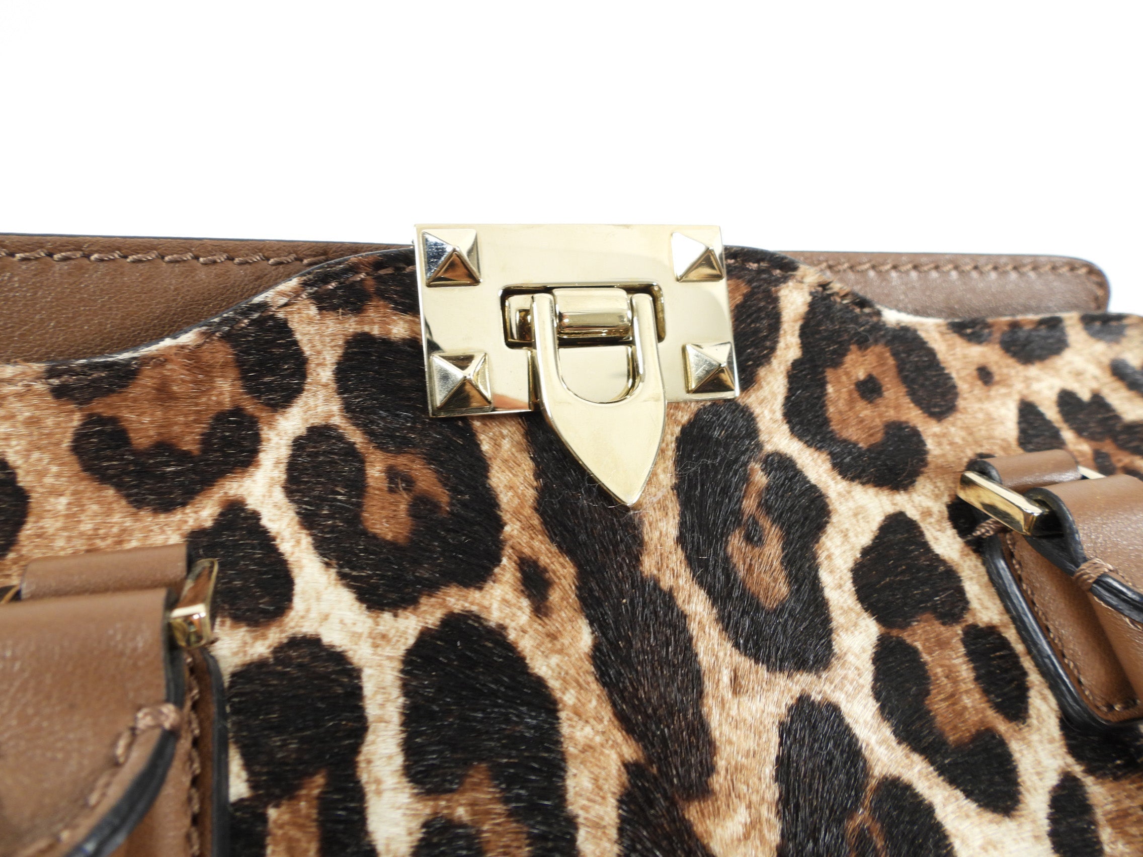 Valentino Leopard Calf Hair Small Rock Stud Trapeze Bag