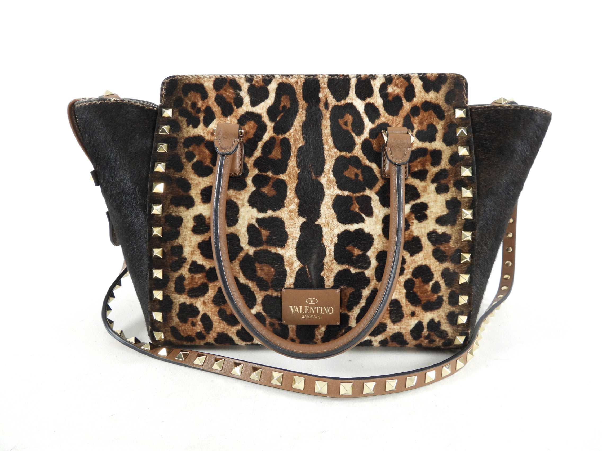 Valentino Leopard Calf Hair Small Rock Stud Trapeze Bag