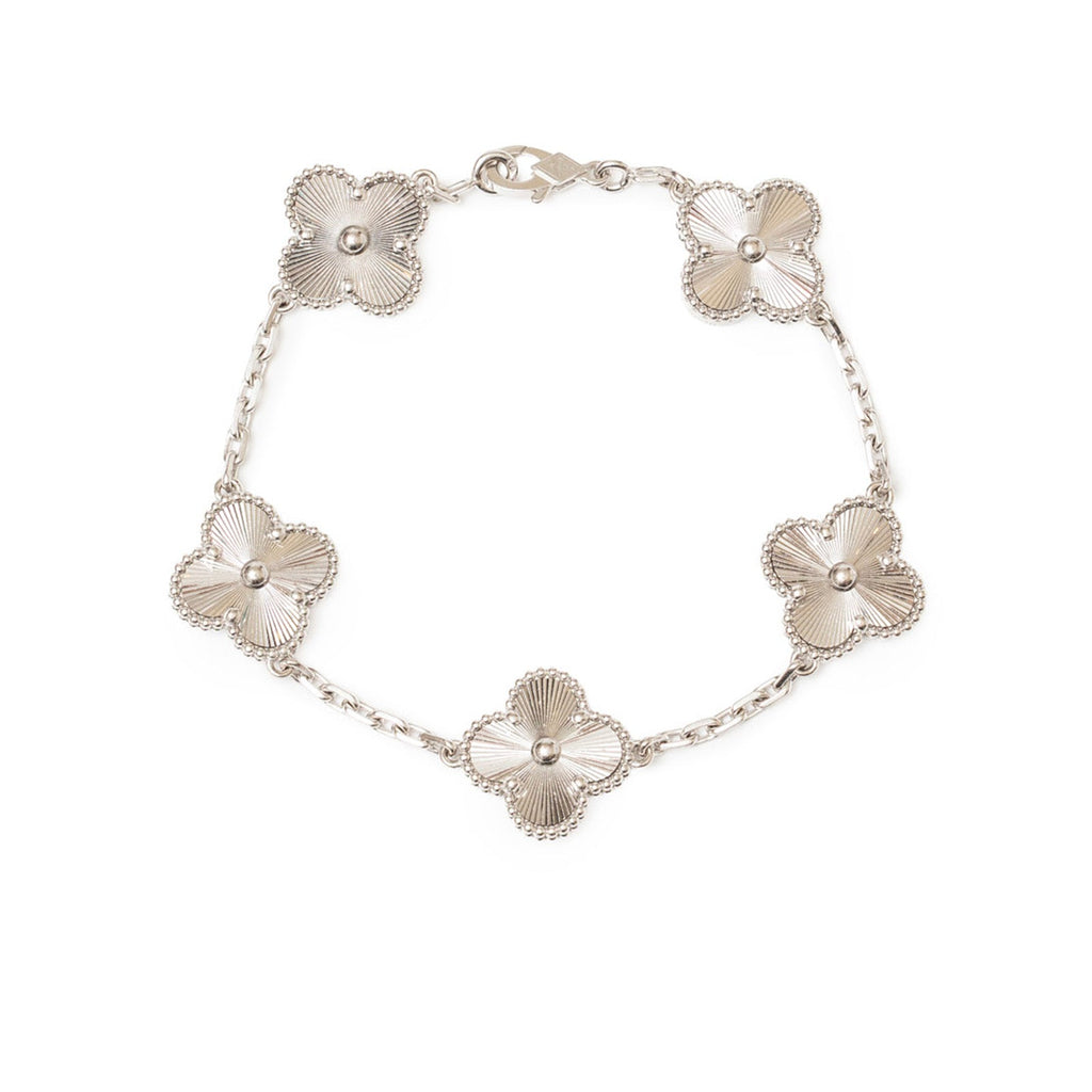 Van Cleef & Arpels Vintage Alhambra 5 Motifs Bracelet Guilloche 18K White Gold