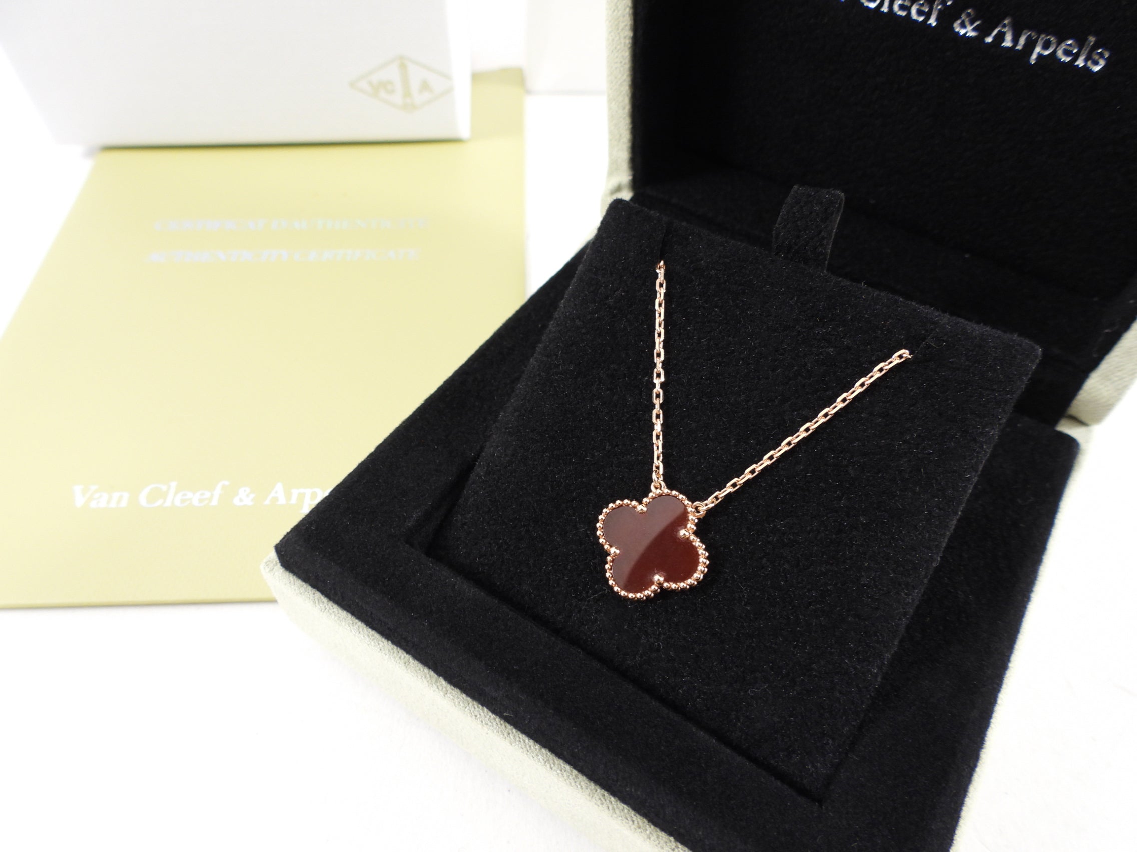 Van Cleef & Arpels 18k Rose Gold Carnelian Vintage Alhambra Pendant Necklace