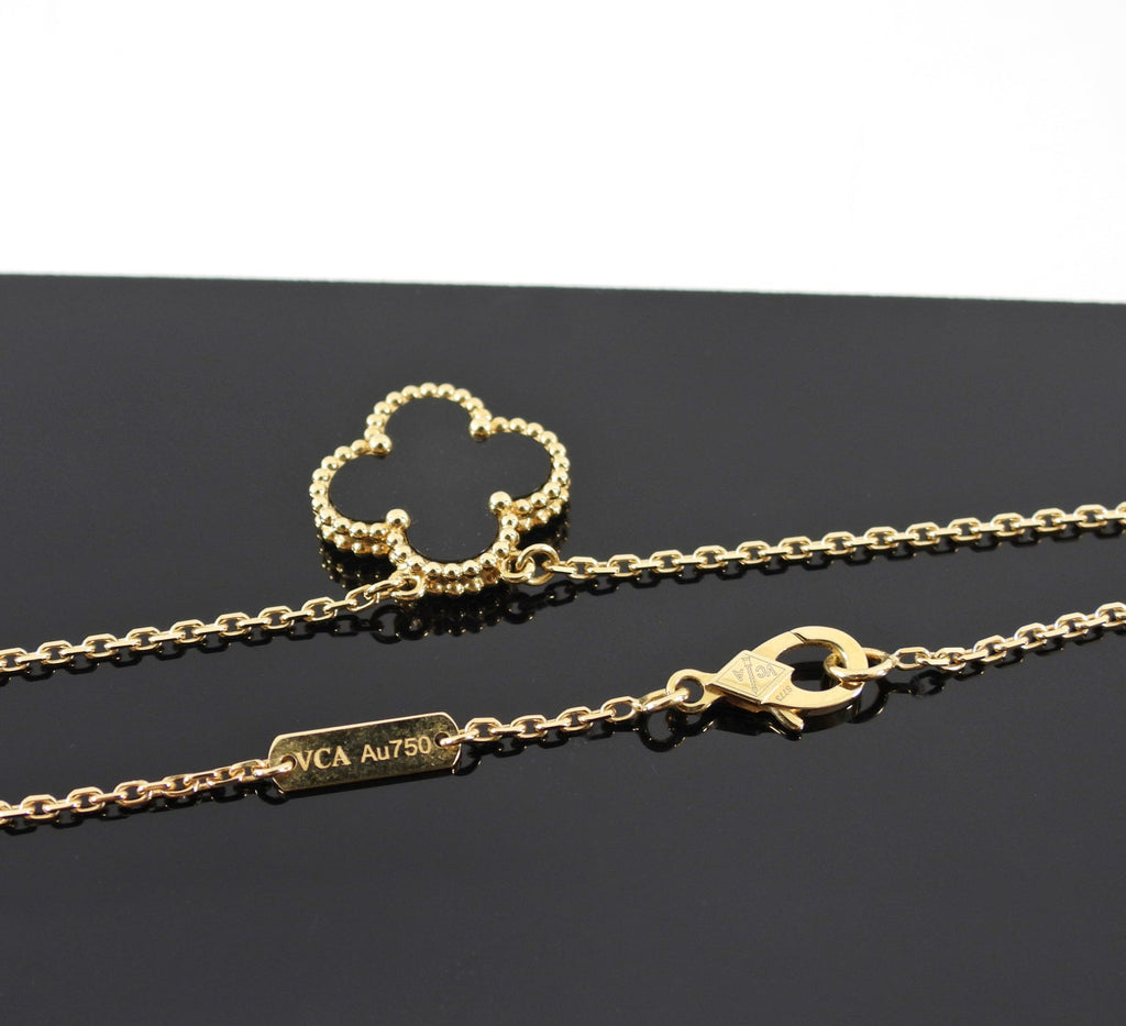 Van Cleef & Arpels 18k Yellow Gold Onyx Vintage Alhambra Pendant Necklace