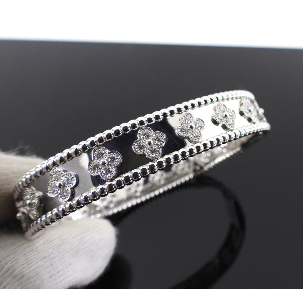 Van Cleef & Arpels 18k White Gold Diamond Perlee Clovers Bracelet