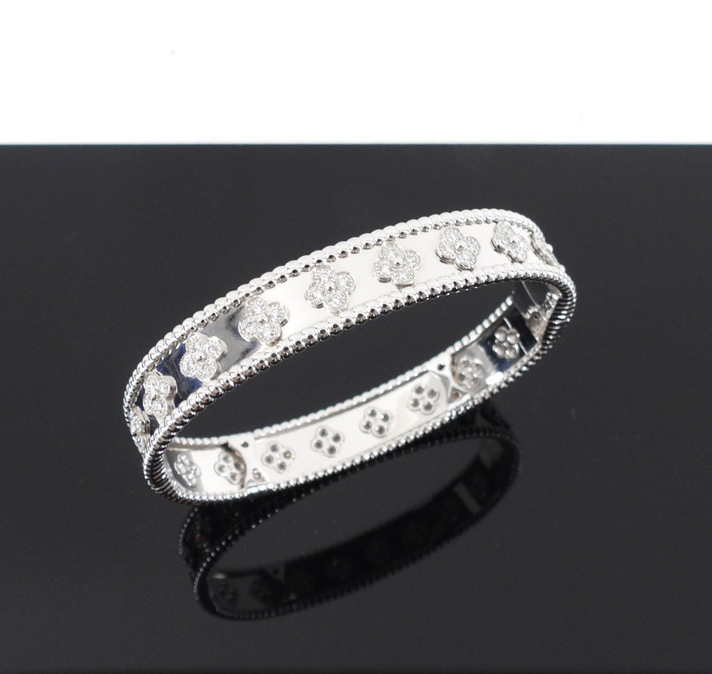 Van Cleef & Arpels 18k White Gold Diamond Perlee Clovers Bracelet