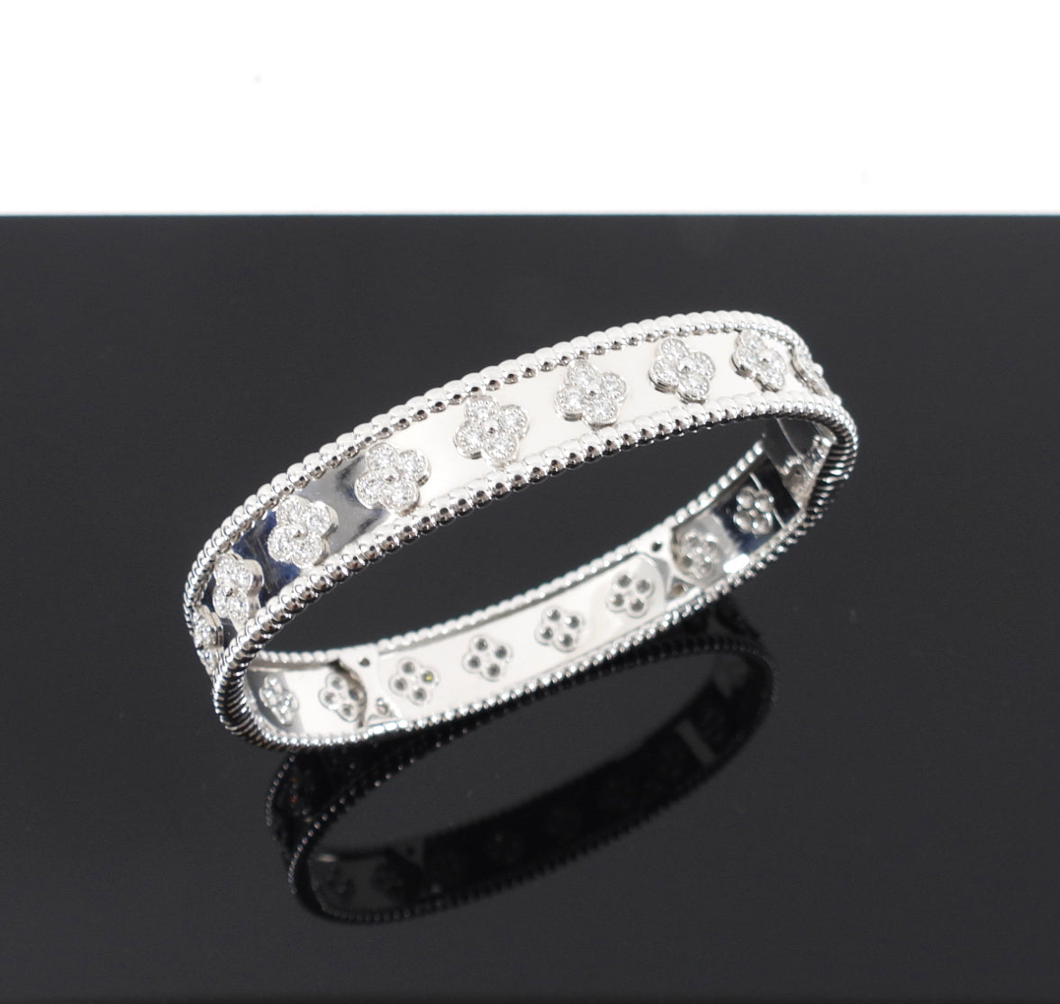 Van Cleef & Arpels 18k White Gold Diamond Perlee Clovers Bracelet