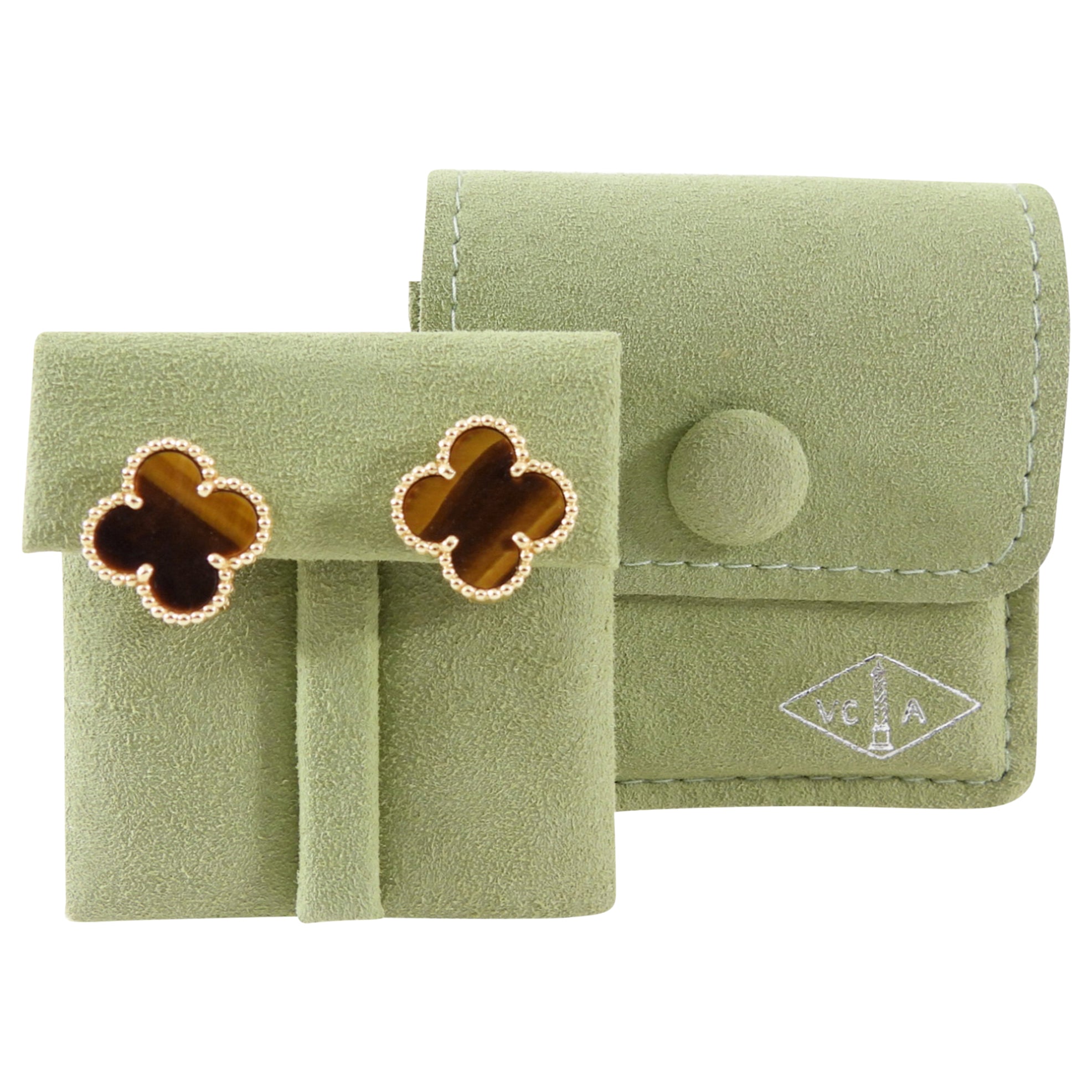 Van Cleef & Arpels 18k Yellow Gold Vintage Alhambra Tiger's Eye Earrings