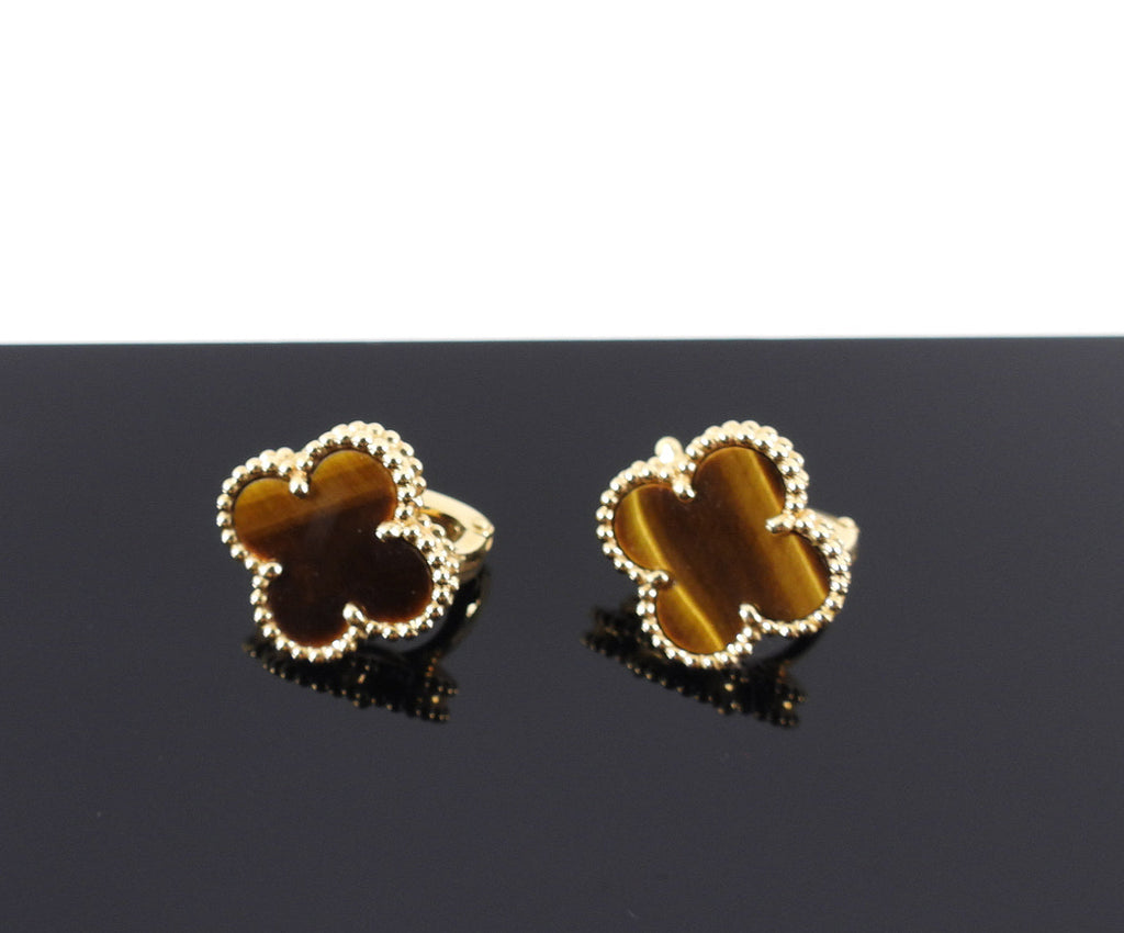 Van Cleef & Arpels 18k Yellow Gold Vintage Alhambra Tiger's Eye Earrings