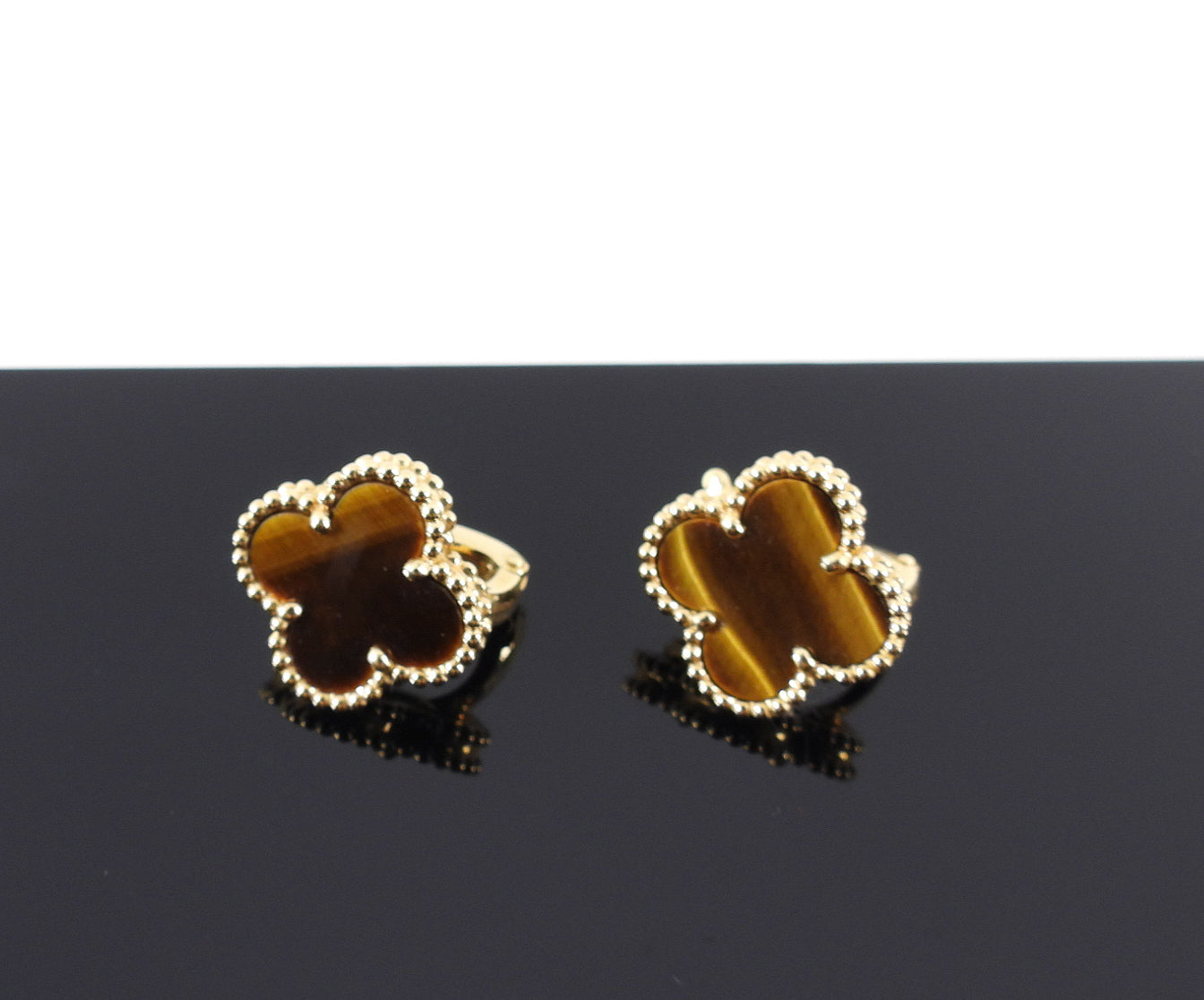 Van Cleef & Arpels 18k Yellow Gold Vintage Alhambra Tiger's Eye Earrings