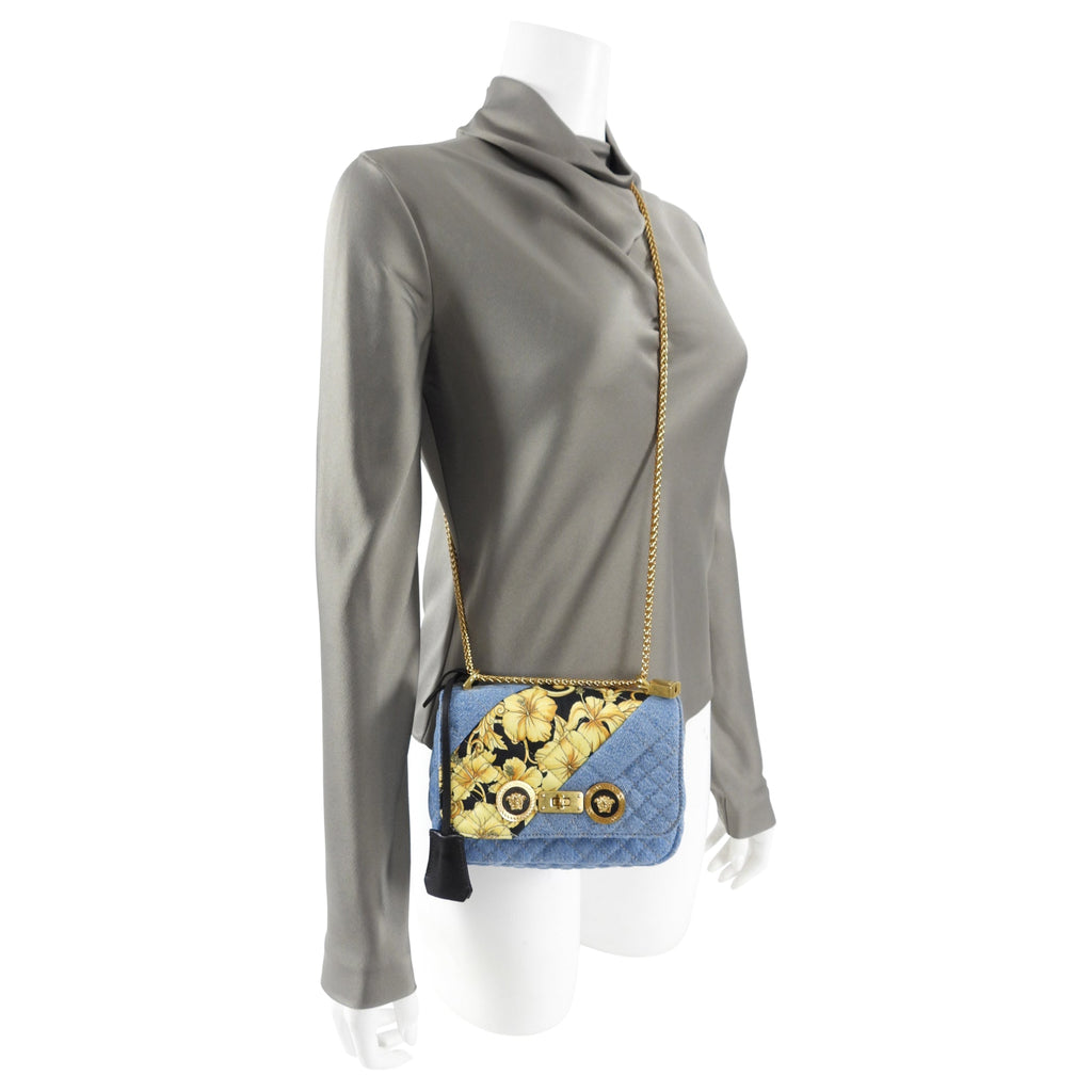 Versace Small Denim Barocco Quilted Icon Flap Bag