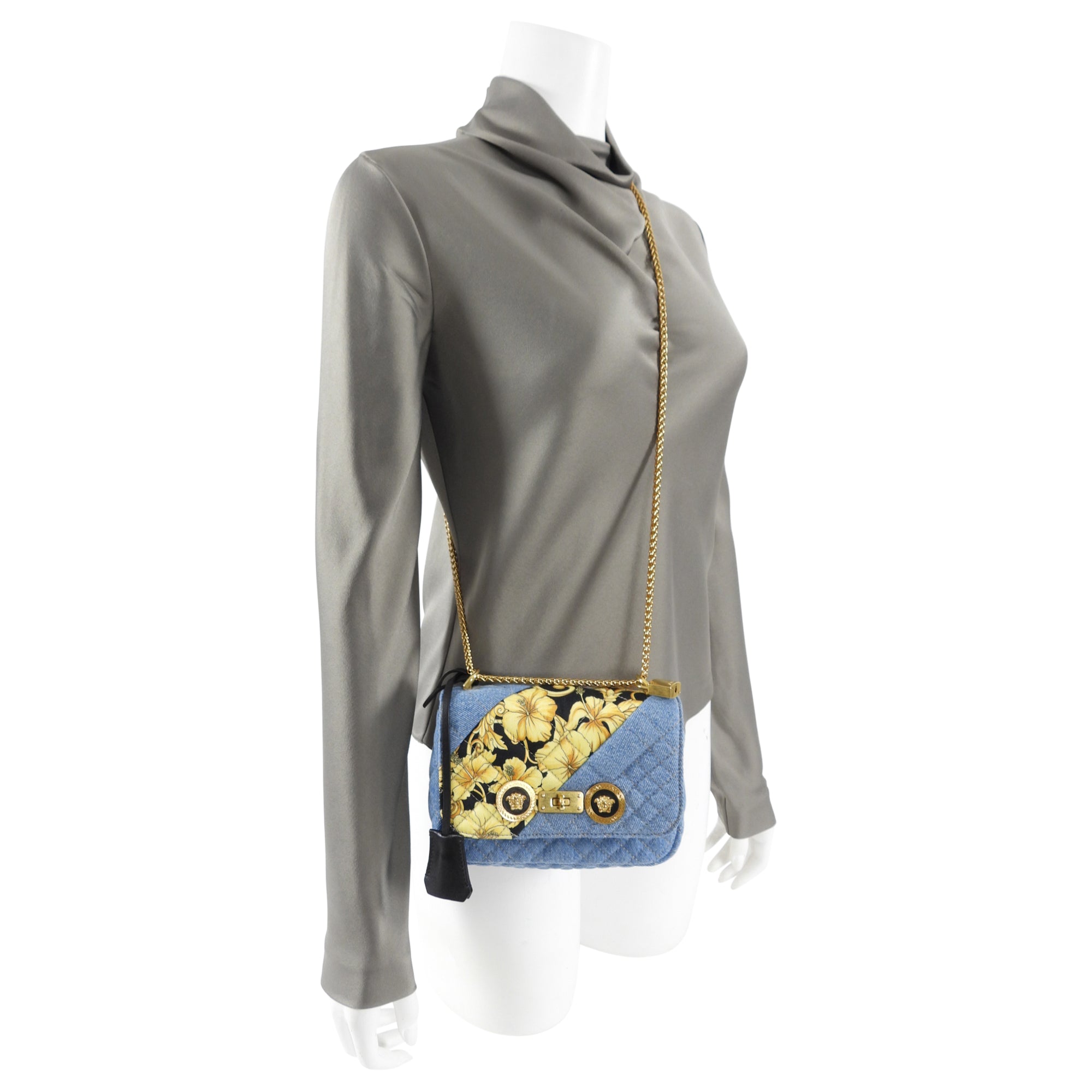 Versace Small Denim Barocco Quilted Icon Flap Bag