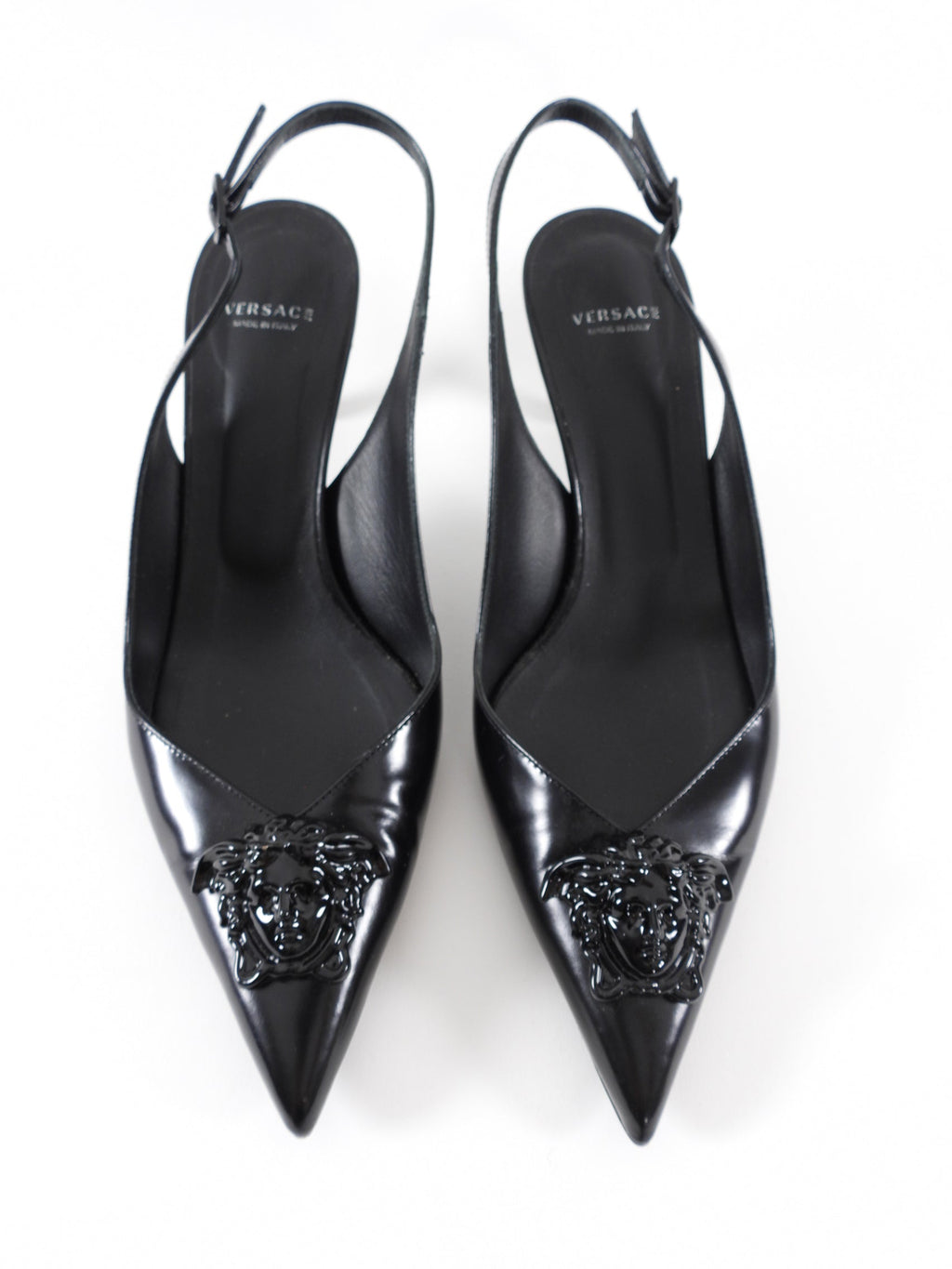 Versace Medusa Black Glossed Leather Slingback Heels - 39