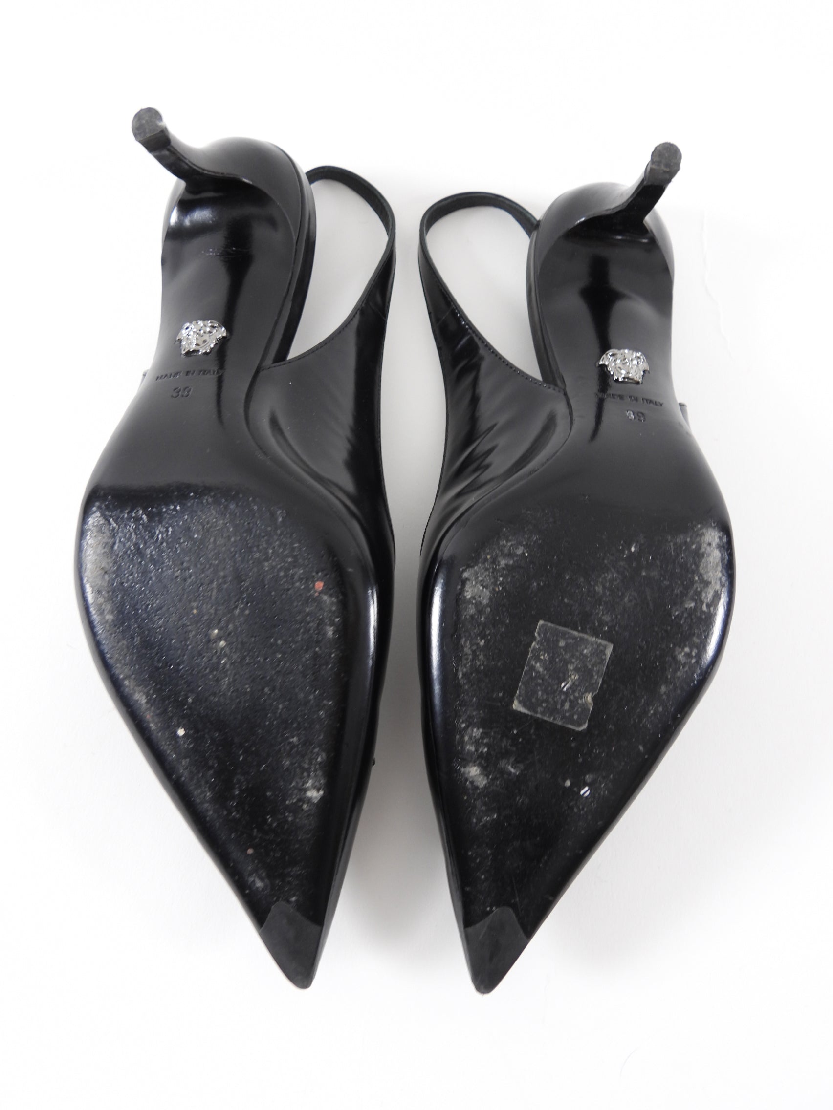 Versace Medusa Black Glossed Leather Slingback Heels - 39