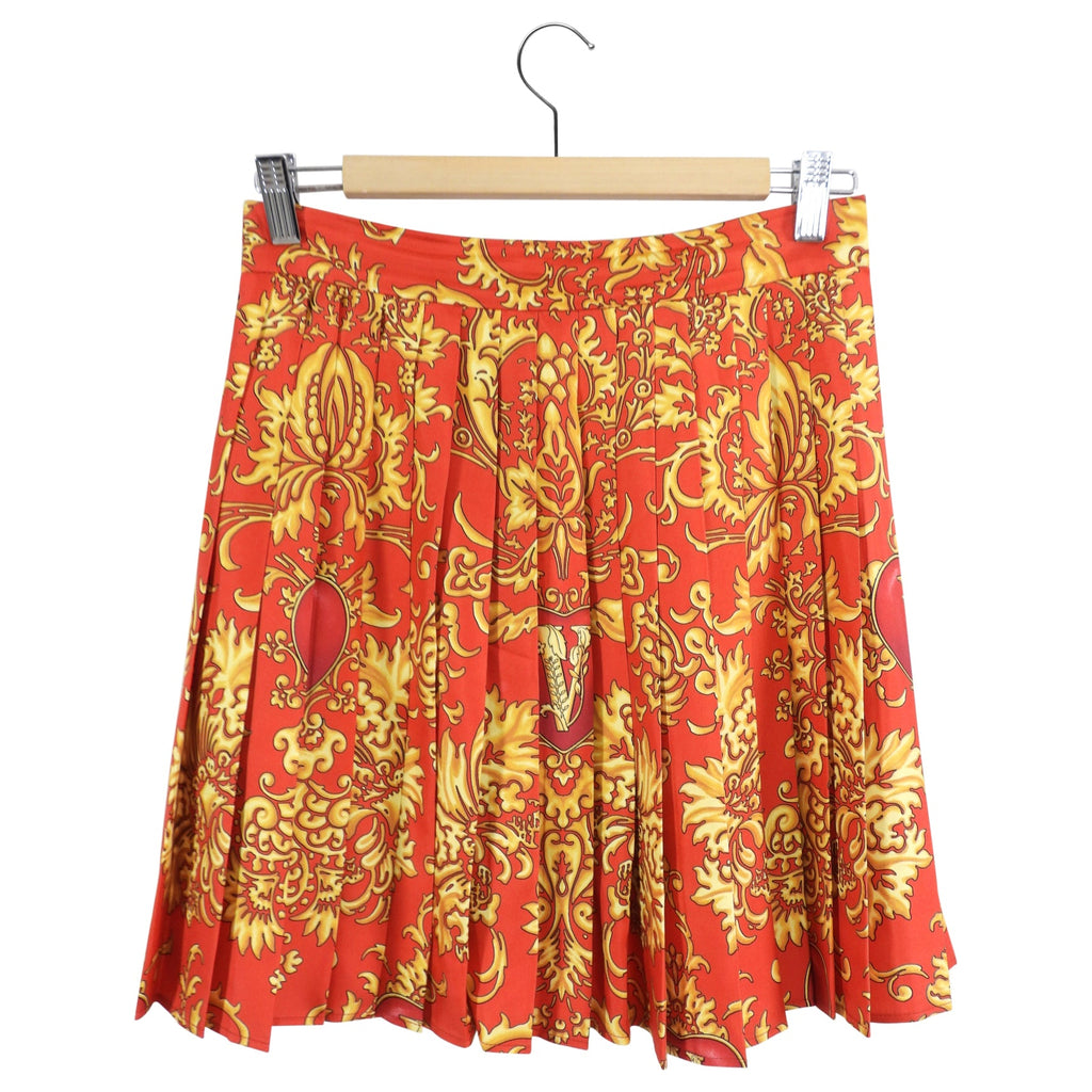 Versace Red and Gold Barocco Print Silk Pleat Mini Skirt - IT42 / 6