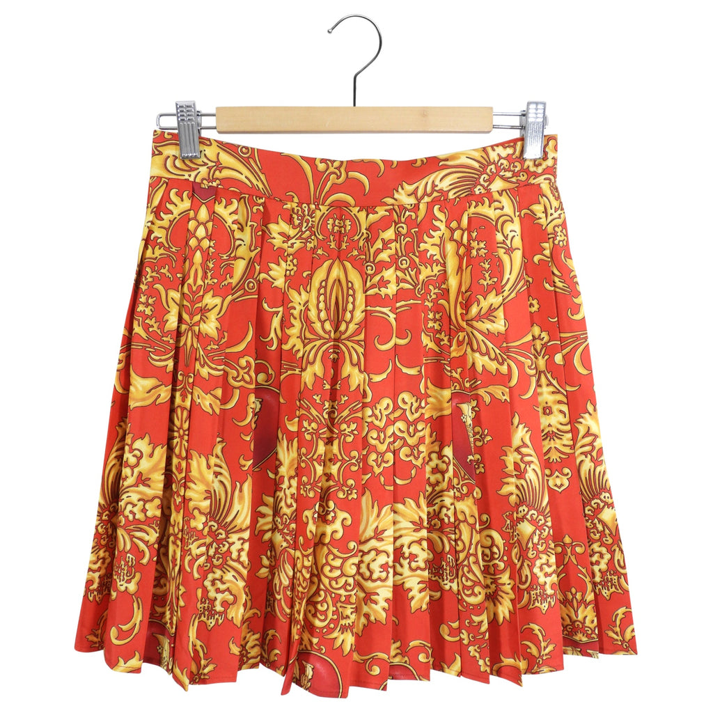 Versace Red and Gold Barocco Print Silk Pleat Mini Skirt - IT42 / 6