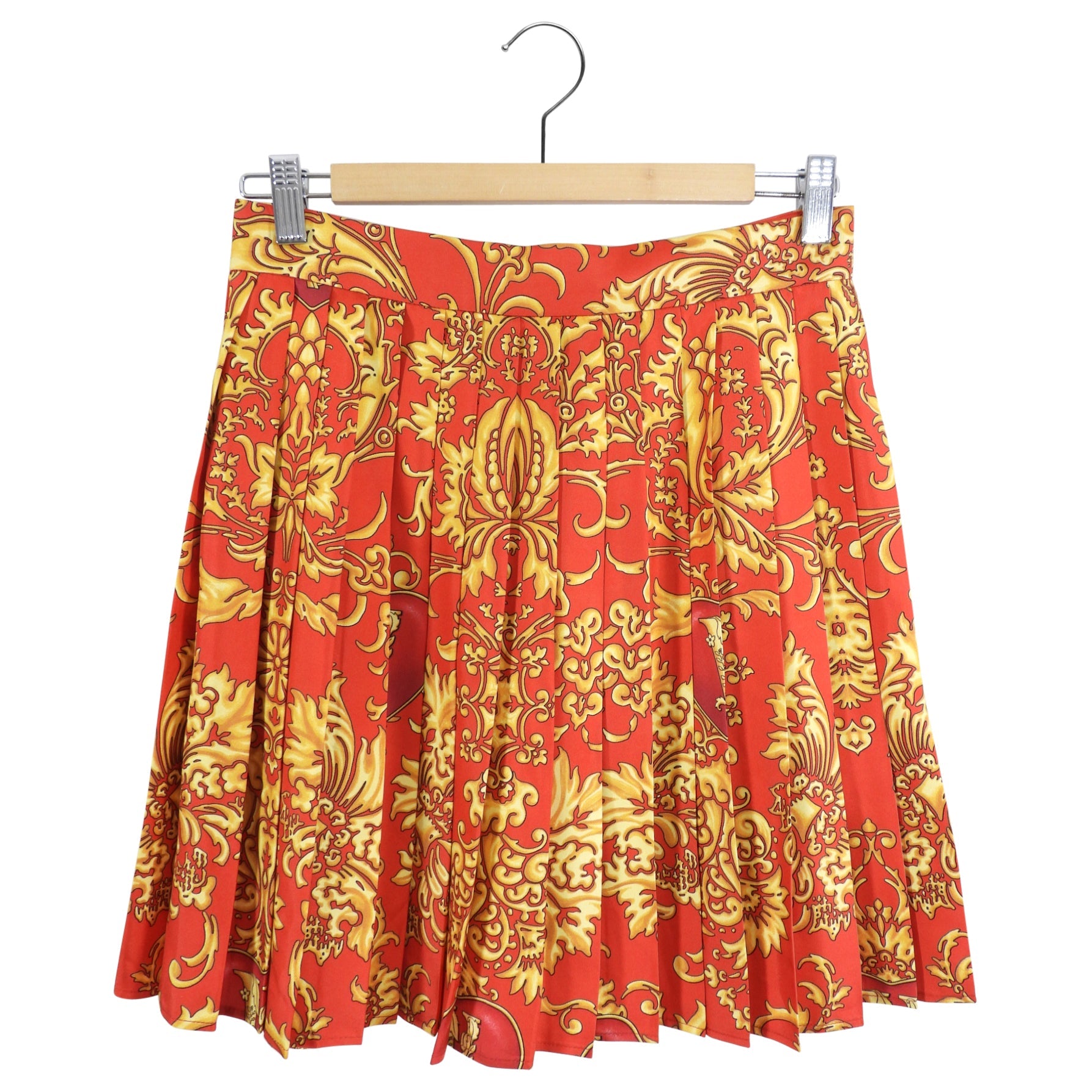 Versace Red and Gold Barocco Print Silk Pleat Mini Skirt - IT42 / 6