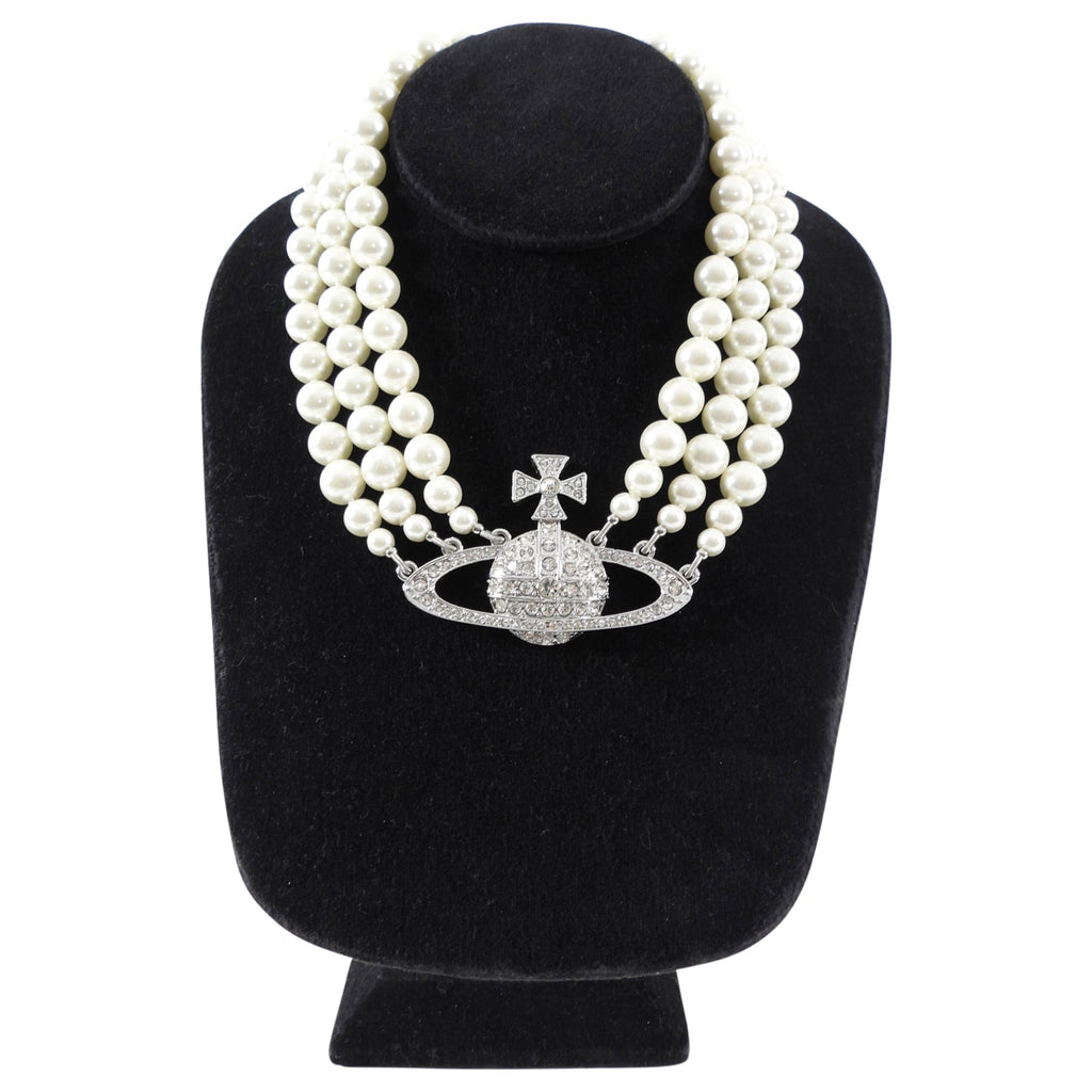 Vivienne Westwood Pearl and Crystal Orb Triple Bas Relief Choker Necklace