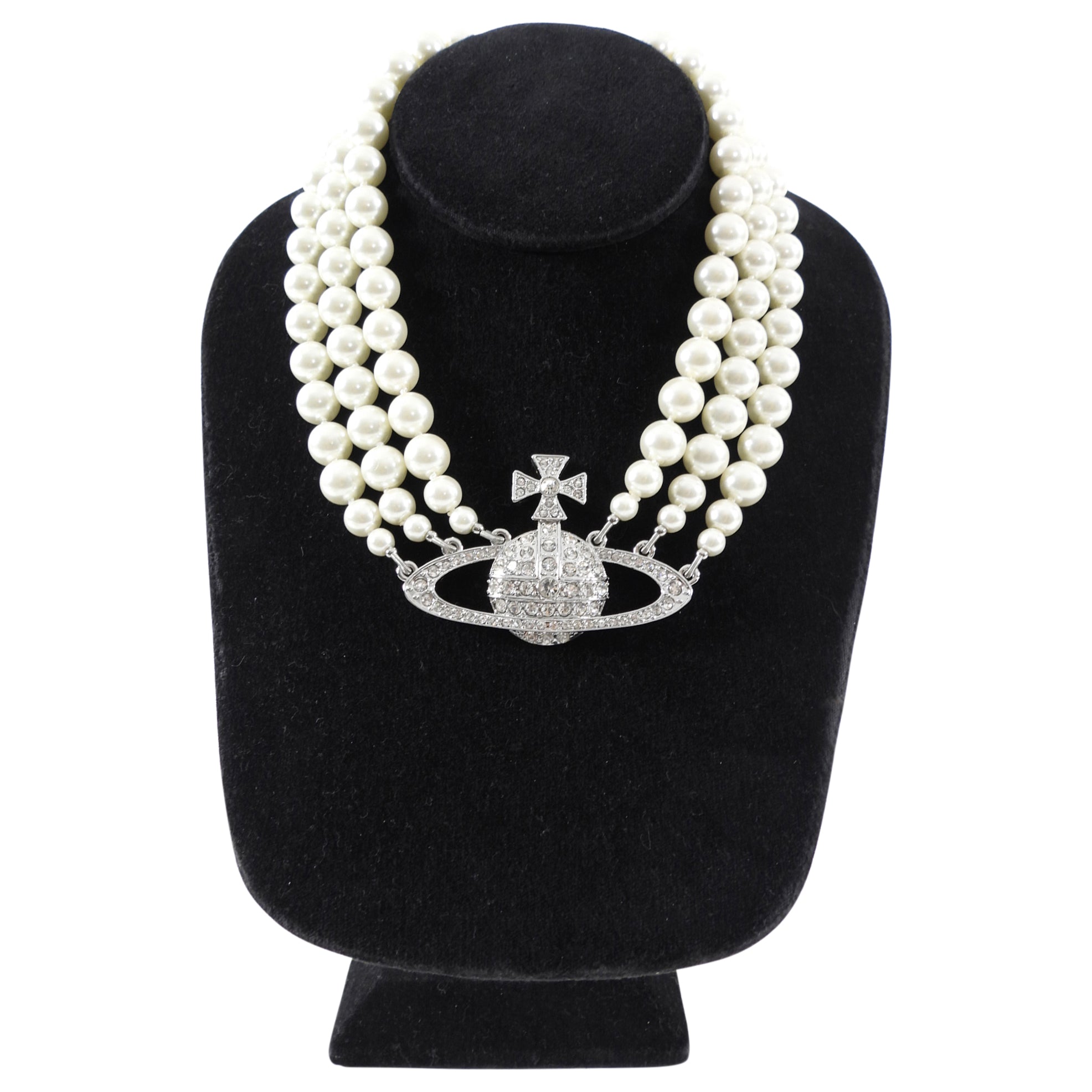 Vivienne Westwood Pearl and Crystal Orb Triple Bas Relief Choker Necklace