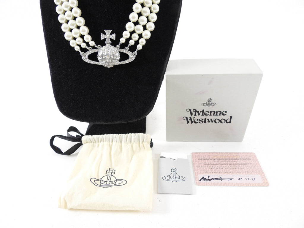 Vivienne Westwood Pearl and Crystal Orb Triple Bas Relief Choker Necklace