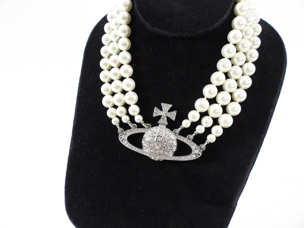 Vivienne Westwood Pearl and Crystal Orb Triple Bas Relief Choker Necklace