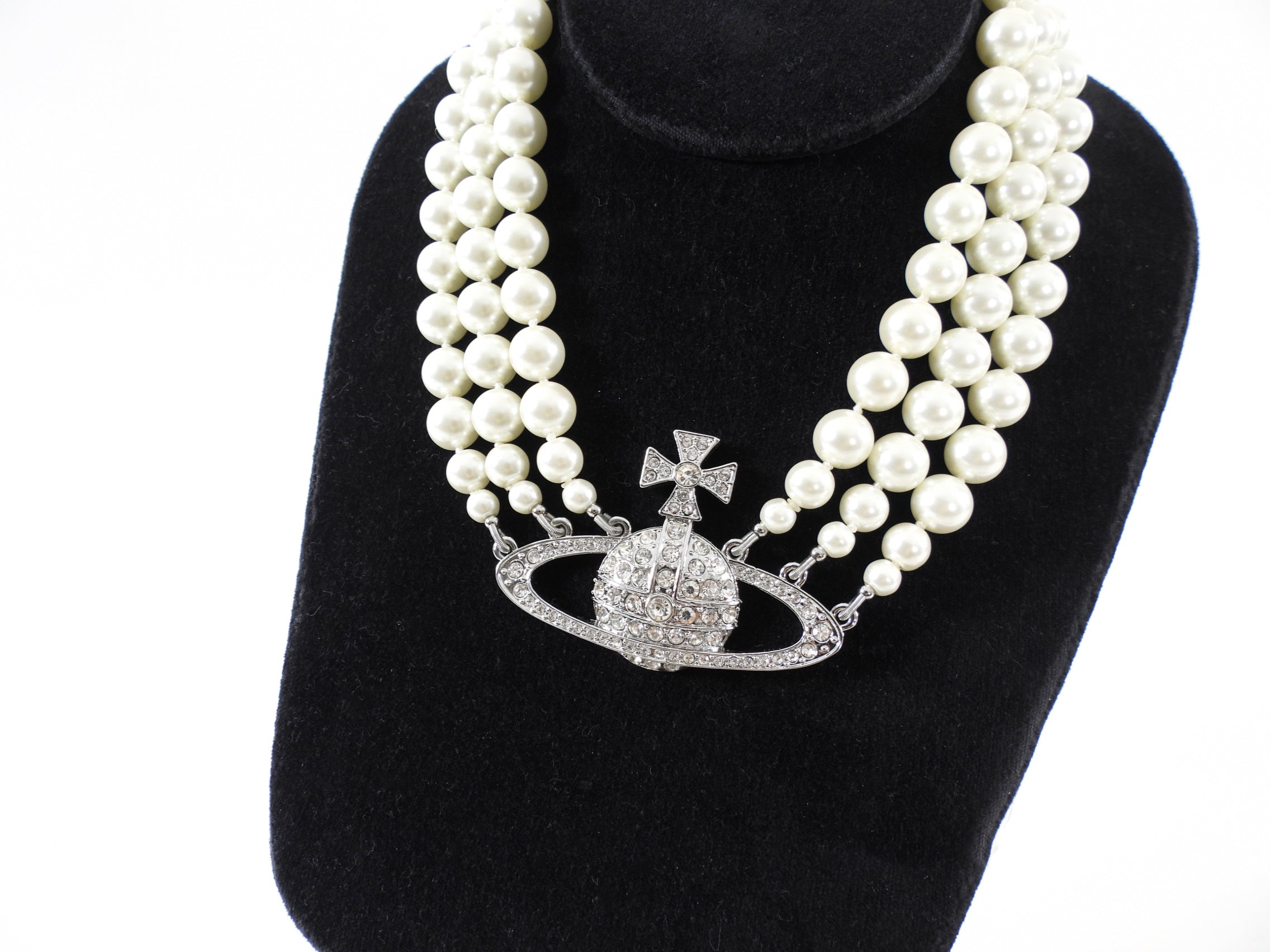 Vivienne Westwood Pearl and Crystal Orb Triple Bas Relief Choker Necklace