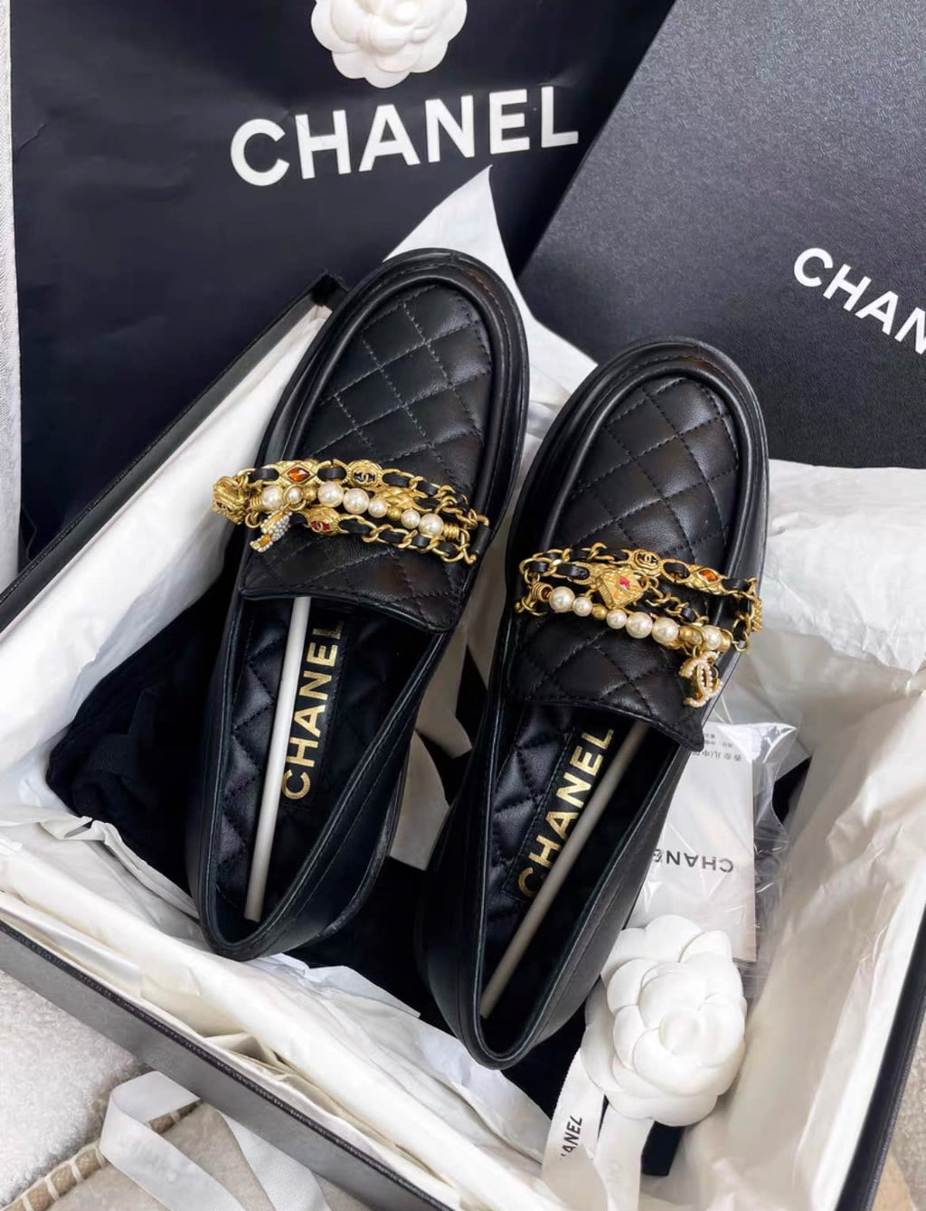 Chanel 22P Pearl Chain Badge Pendant Loafers