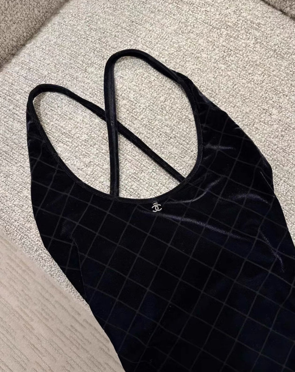 Chanel 23 Coco beach black suede plaid one-piece swimsuit