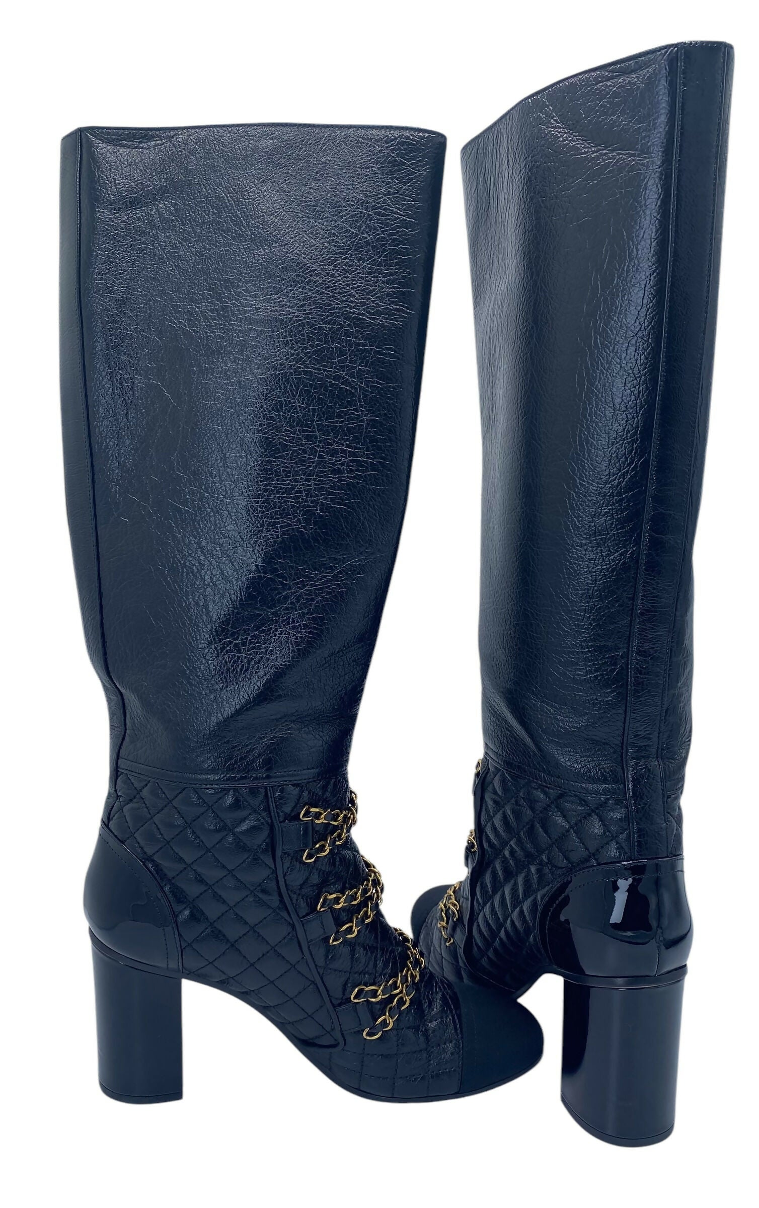 Chanel 2018 Black Gold Leather Quilted Chain High Heel Boots EU 39