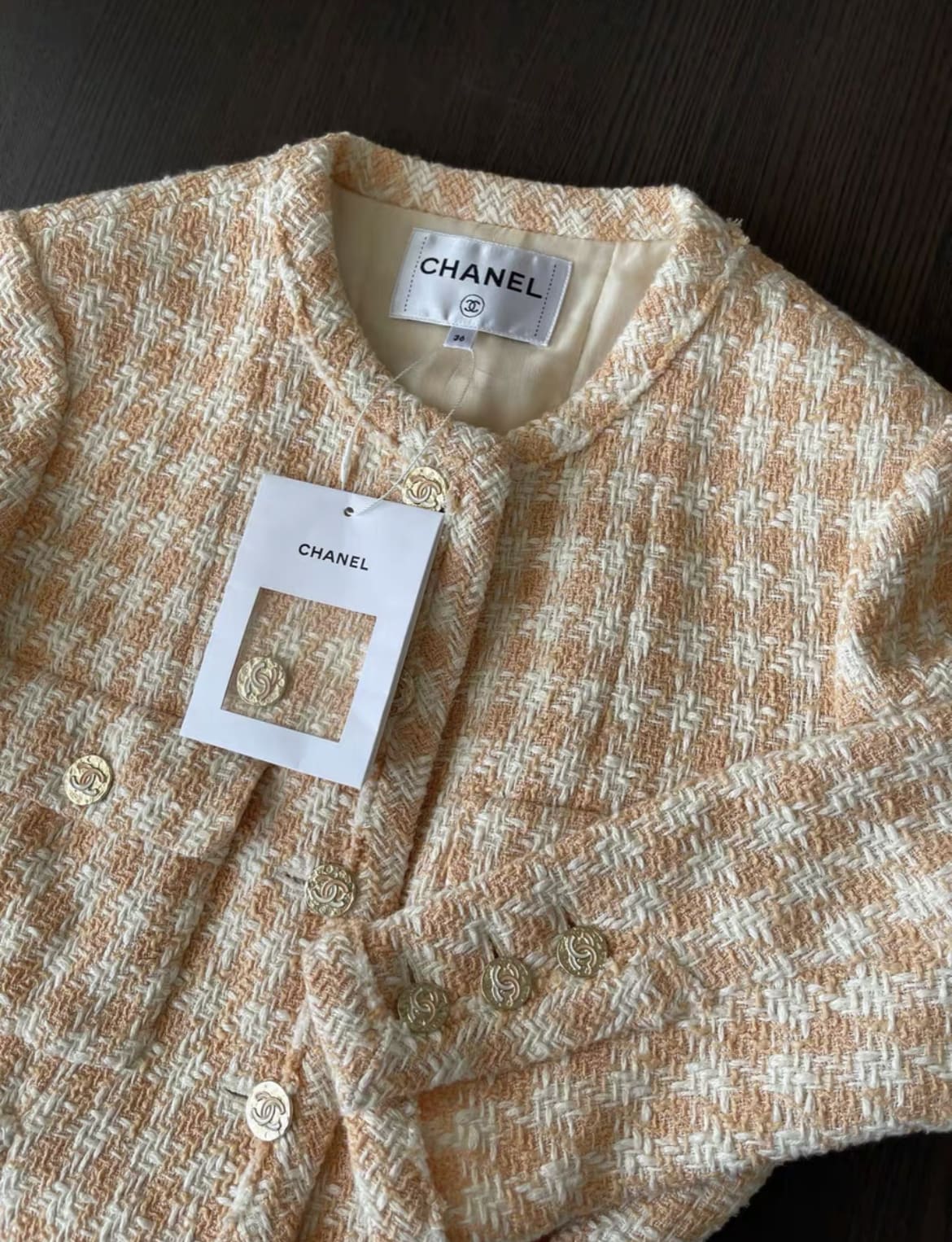 chanel 23s houndstooth light orange plaid jacket size 36