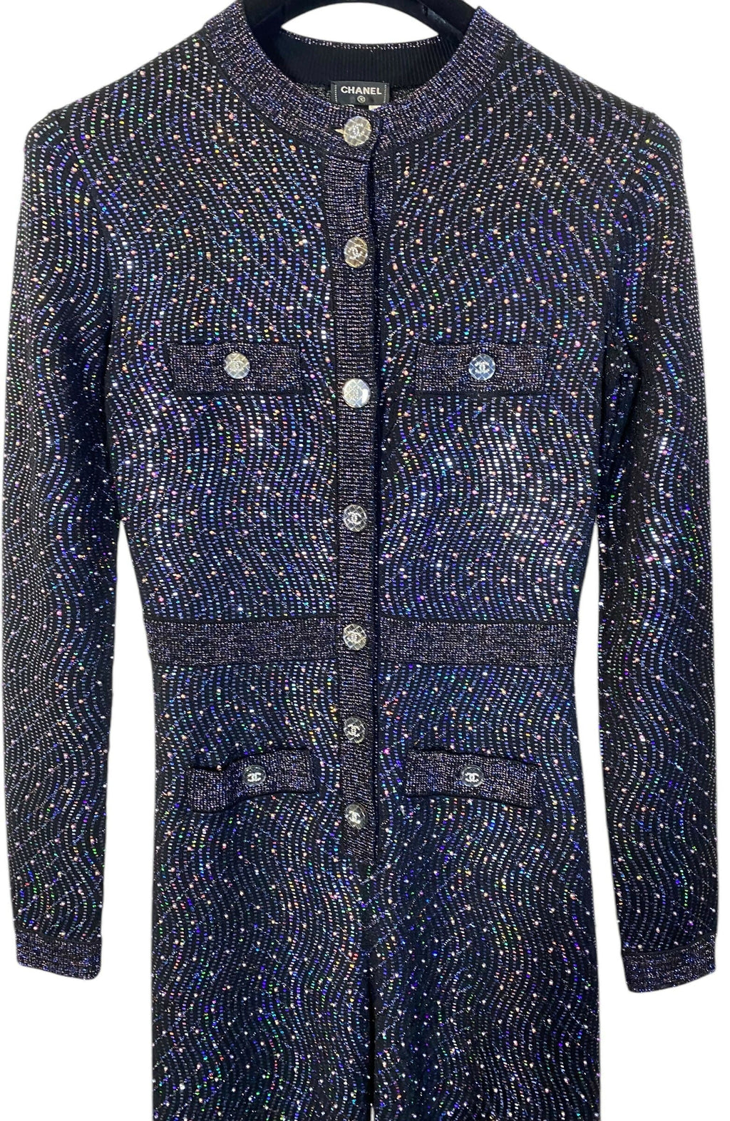 Stunning Chanel 21K Beaded Crystal Sequin Navy Black Iridescent Jumpsuit FR 36
