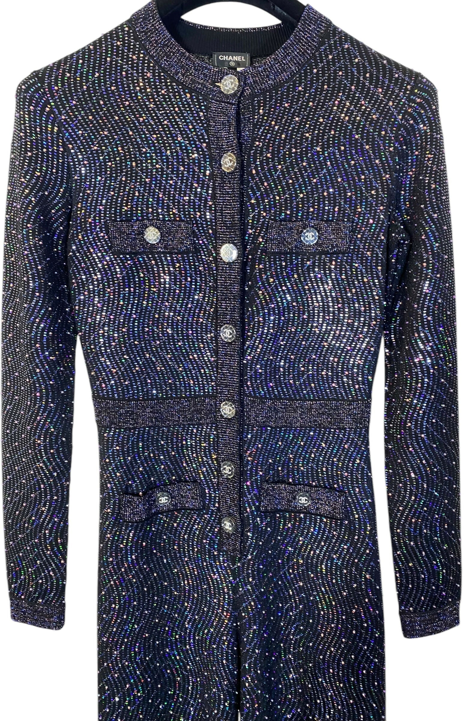 Stunning Chanel 21K Beaded Crystal Sequin Navy Black Iridescent Jumpsuit FR 36