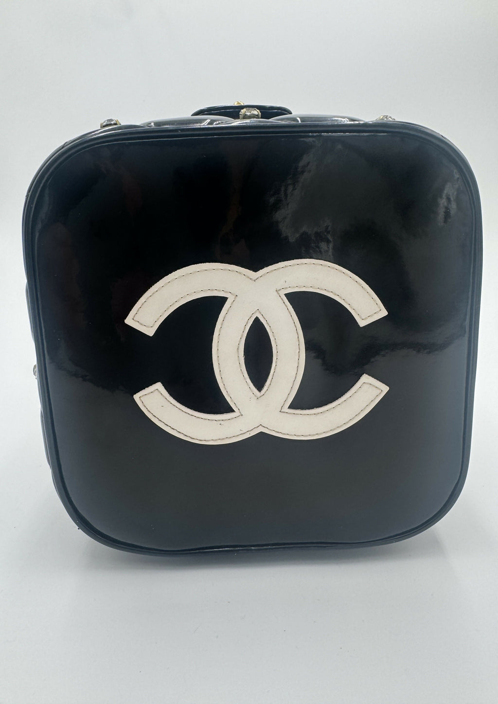Chanel 1995 Vintage Barbie Black Rhinestone Heart-Mirror Vanity Case Bag