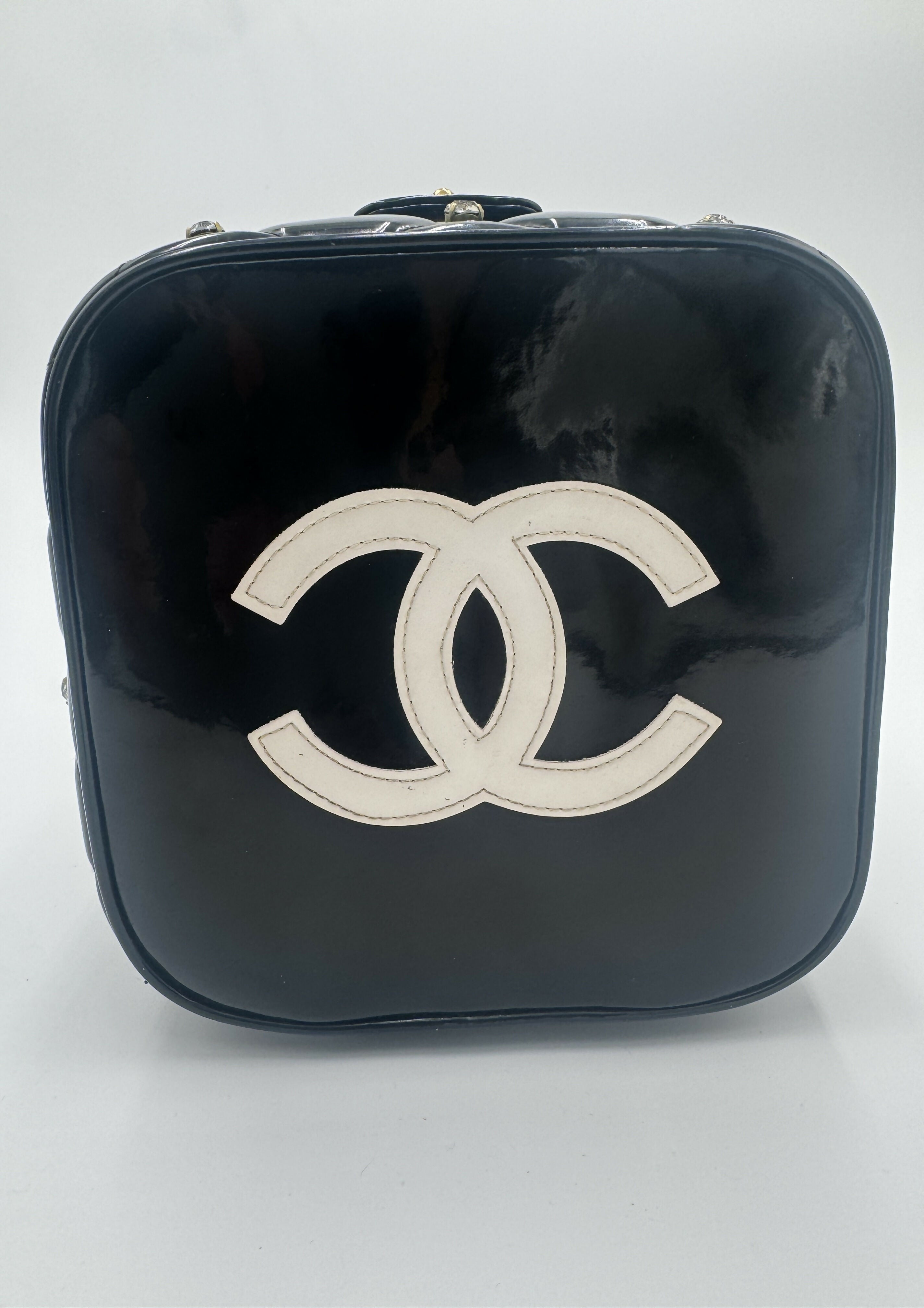 Chanel 1995 Vintage Barbie Black Rhinestone Heart-Mirror Vanity Case Bag