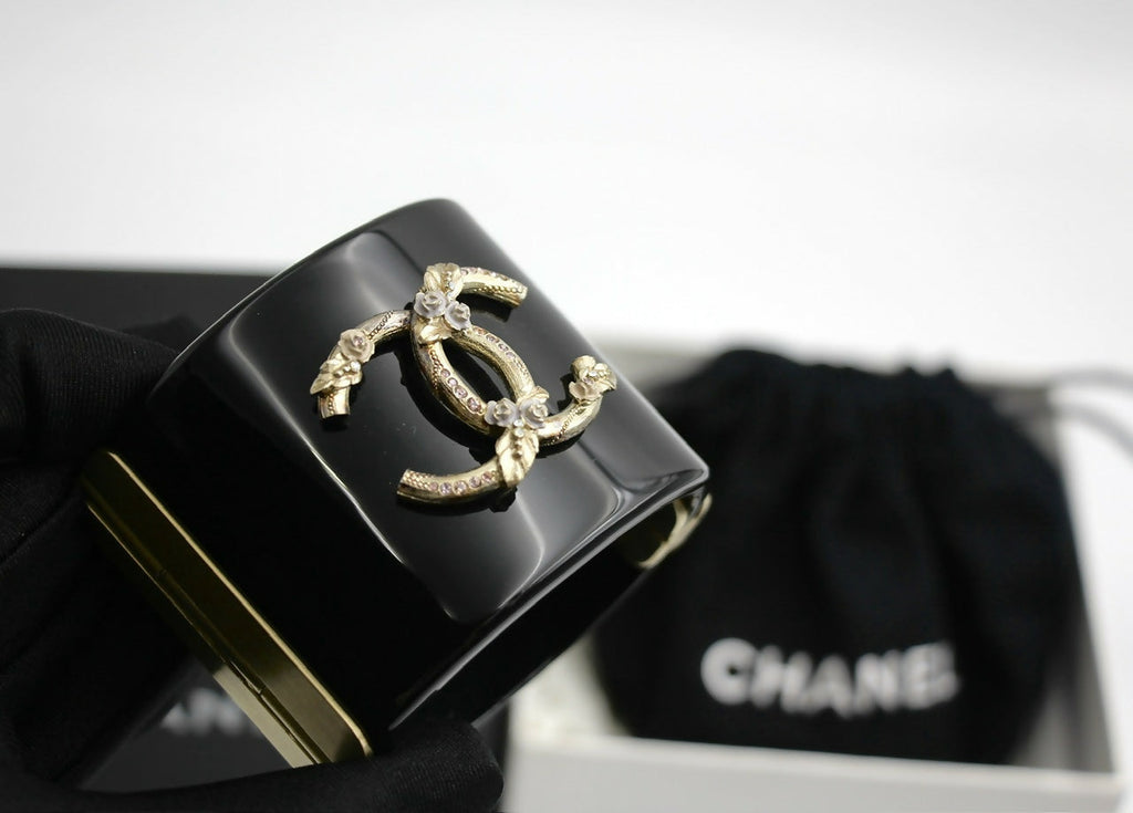 Chanel 13C Metal Resin Black Flower Bracelet Cuff