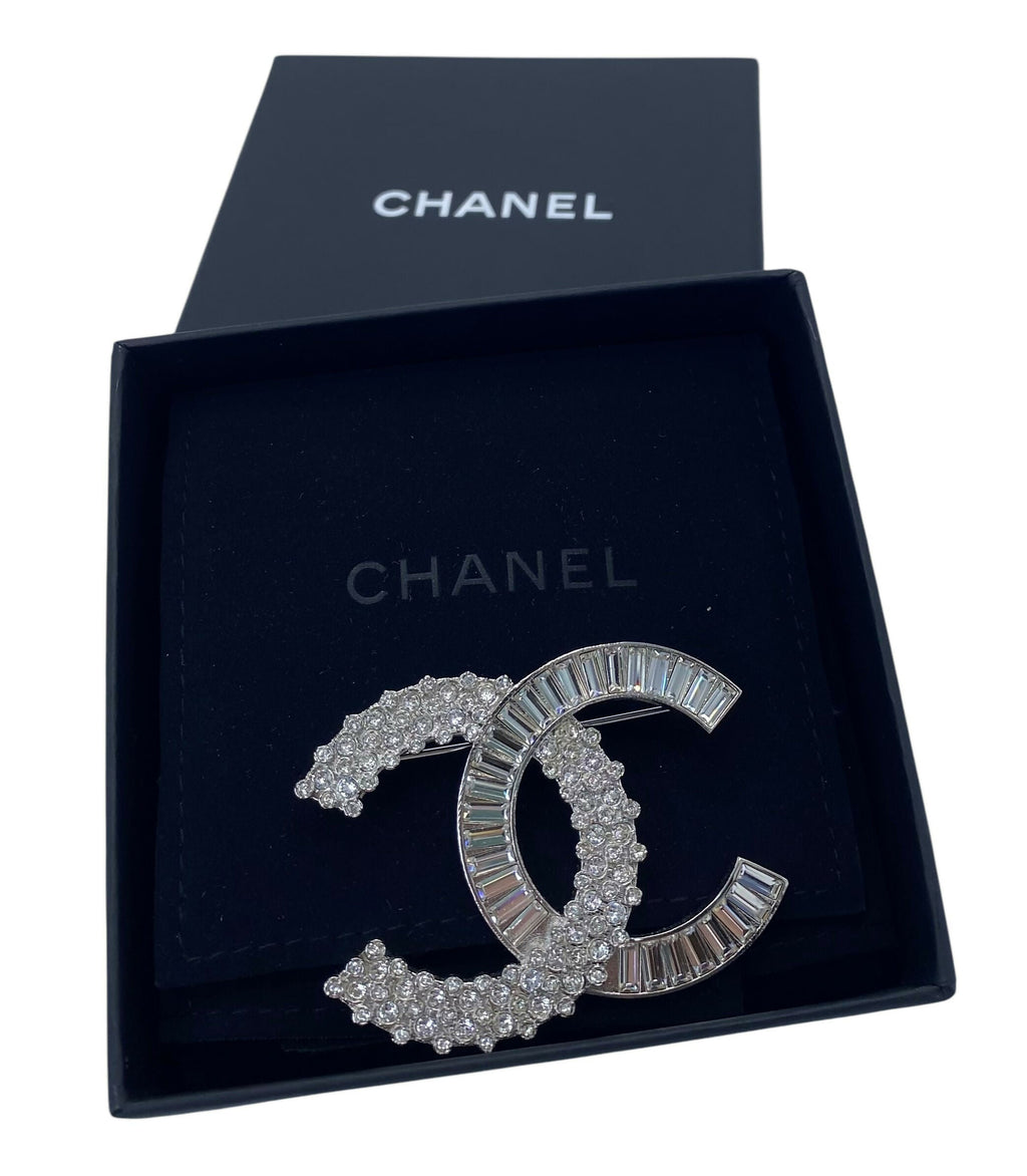 Chanel 2019 Large Silver Crystal Embellished CC Brooch