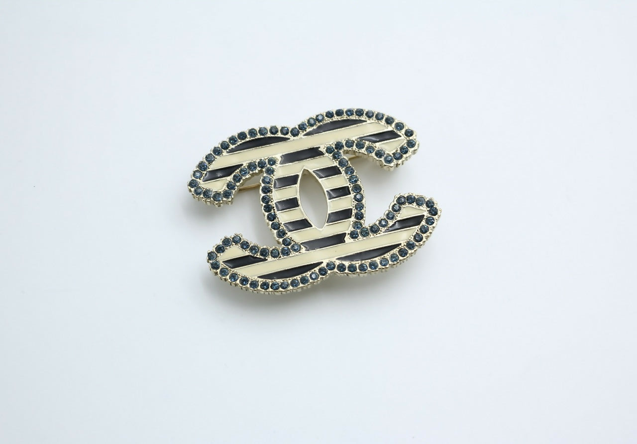 Chanel Vintage 06A Blue Rhinestone Beige Black Stripe Brooch