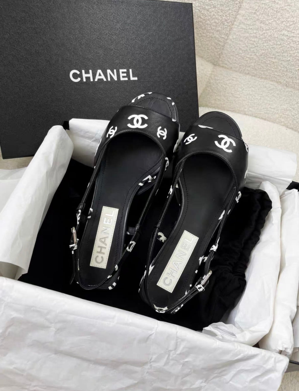 Chanel 22S  Black and White Double C Full Logo Slingback sandals