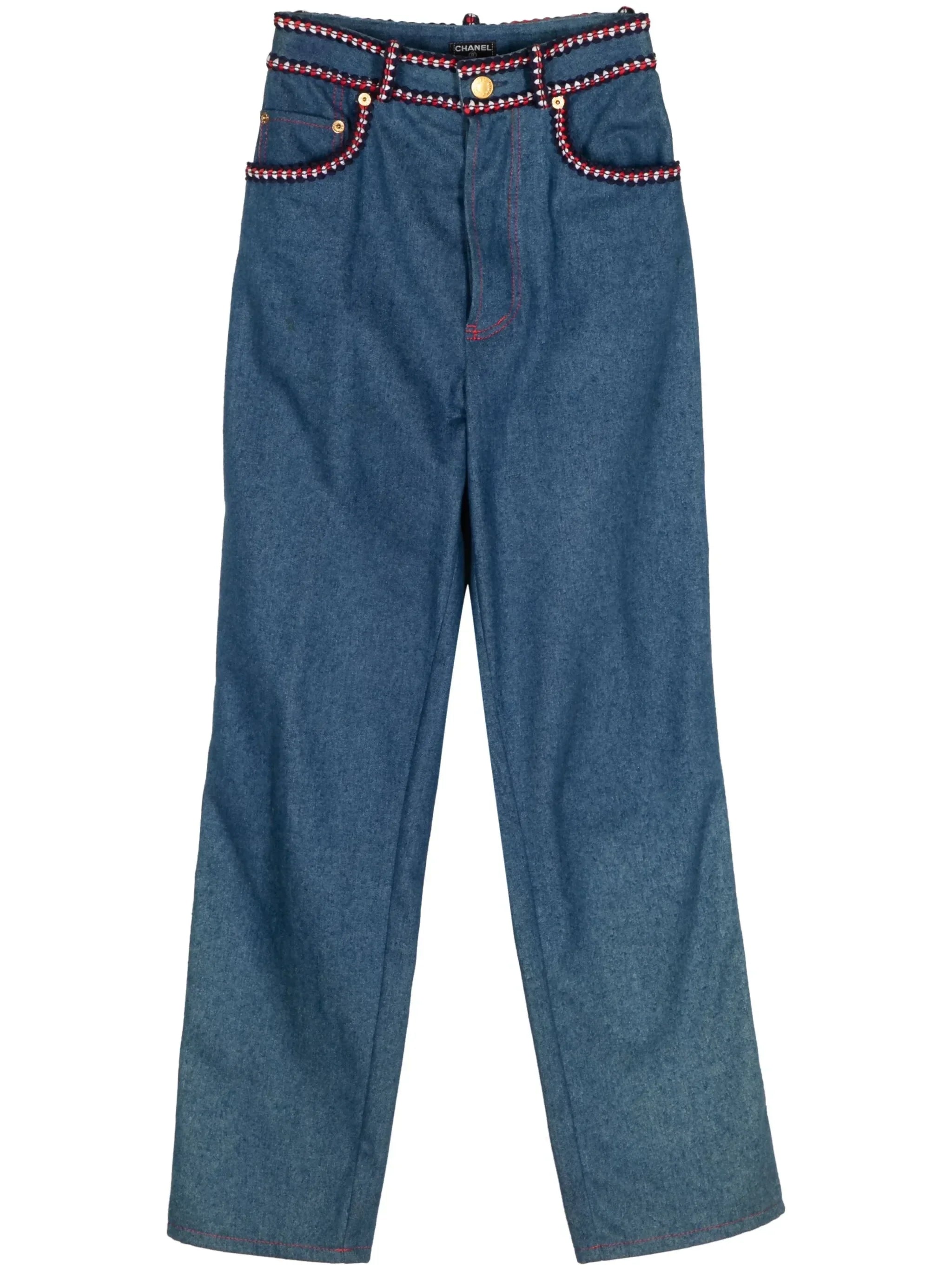 Chanel Vintage braided-trim straight-leg jeans